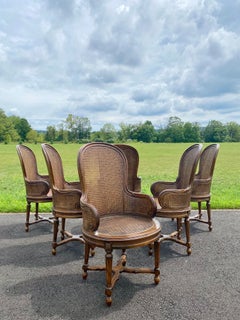 French Louis XVI Style Carved Wood & Cane Balloon Dining Arm Chairs, Set of 6