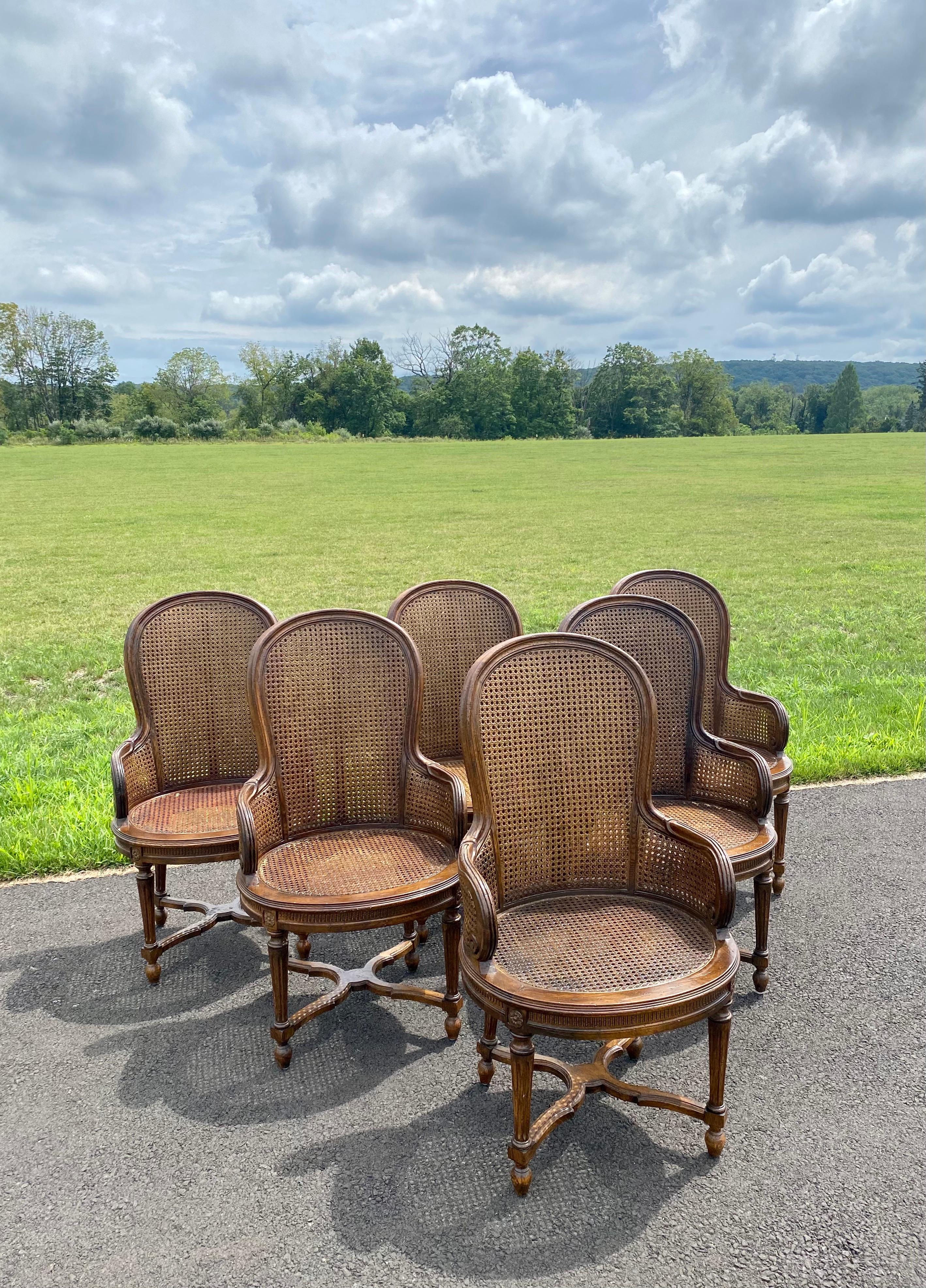 French Louis XVI Style Carved Wood & Cane Balloon Dining Arm Chairs, Set of 6 In Good Condition In Lambertville, NJ