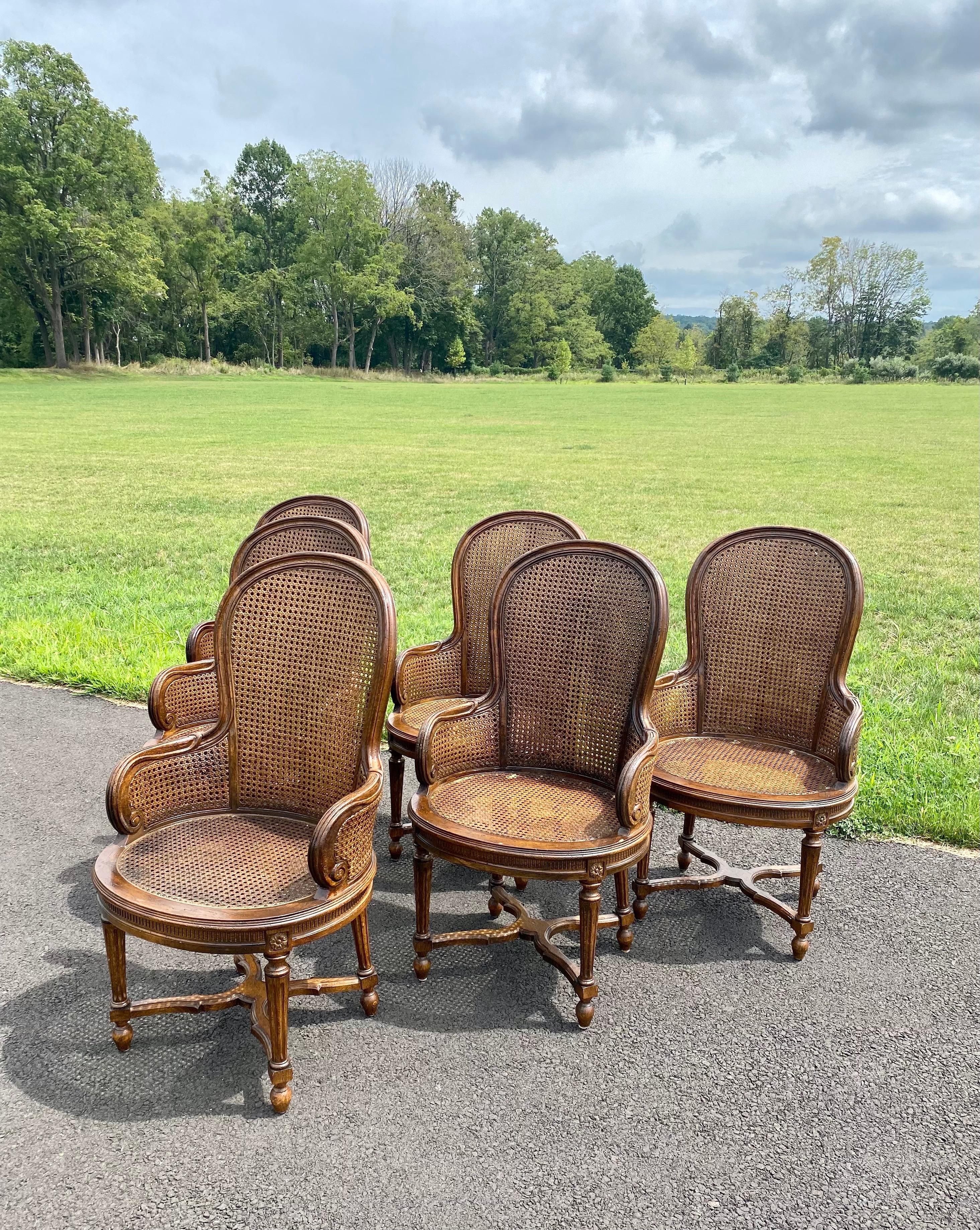 20th Century French Louis XVI Style Carved Wood & Cane Balloon Dining Arm Chairs, Set of 6