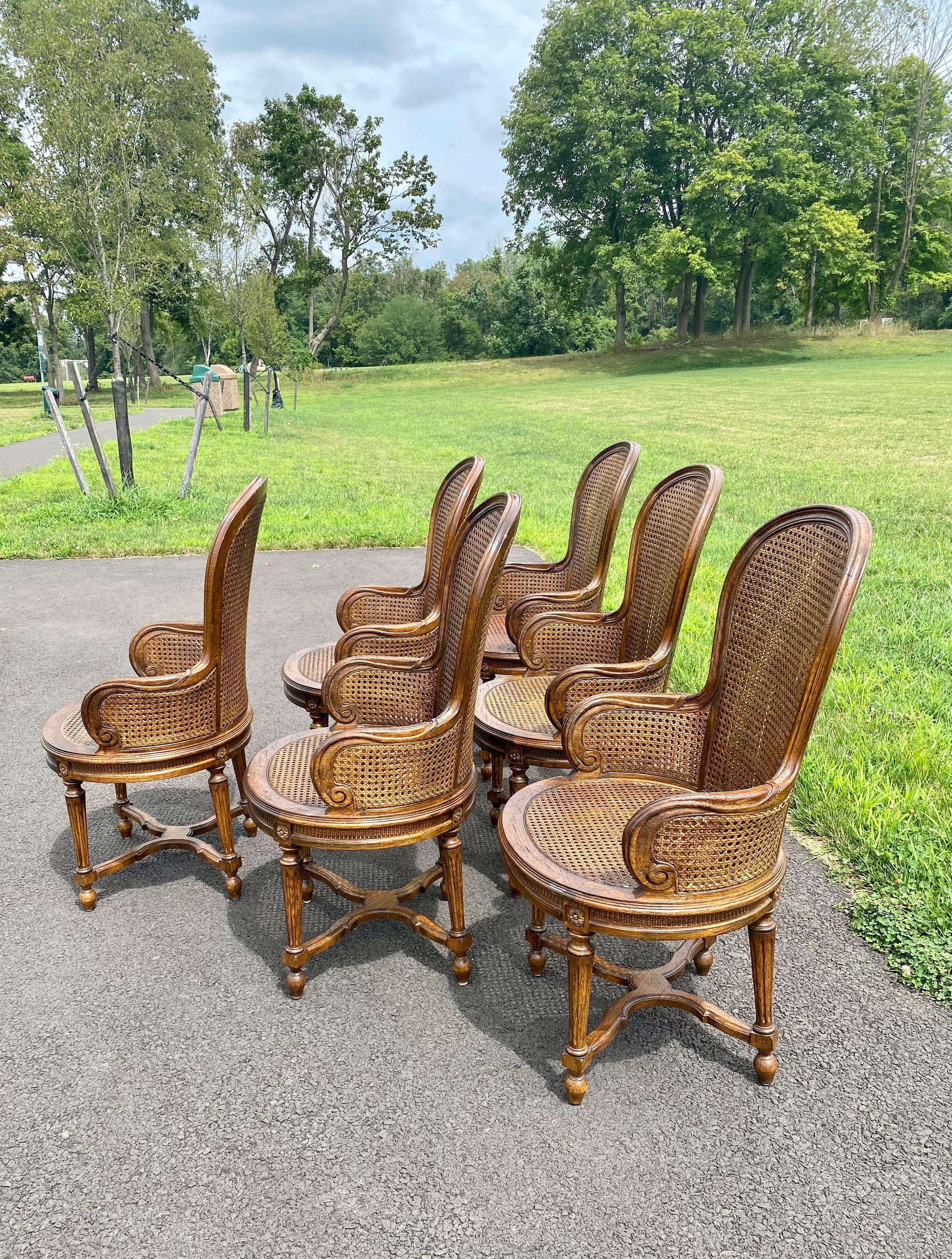 French Louis XVI Style Carved Wood & Cane Balloon Dining Arm Chairs, Set of 6 2
