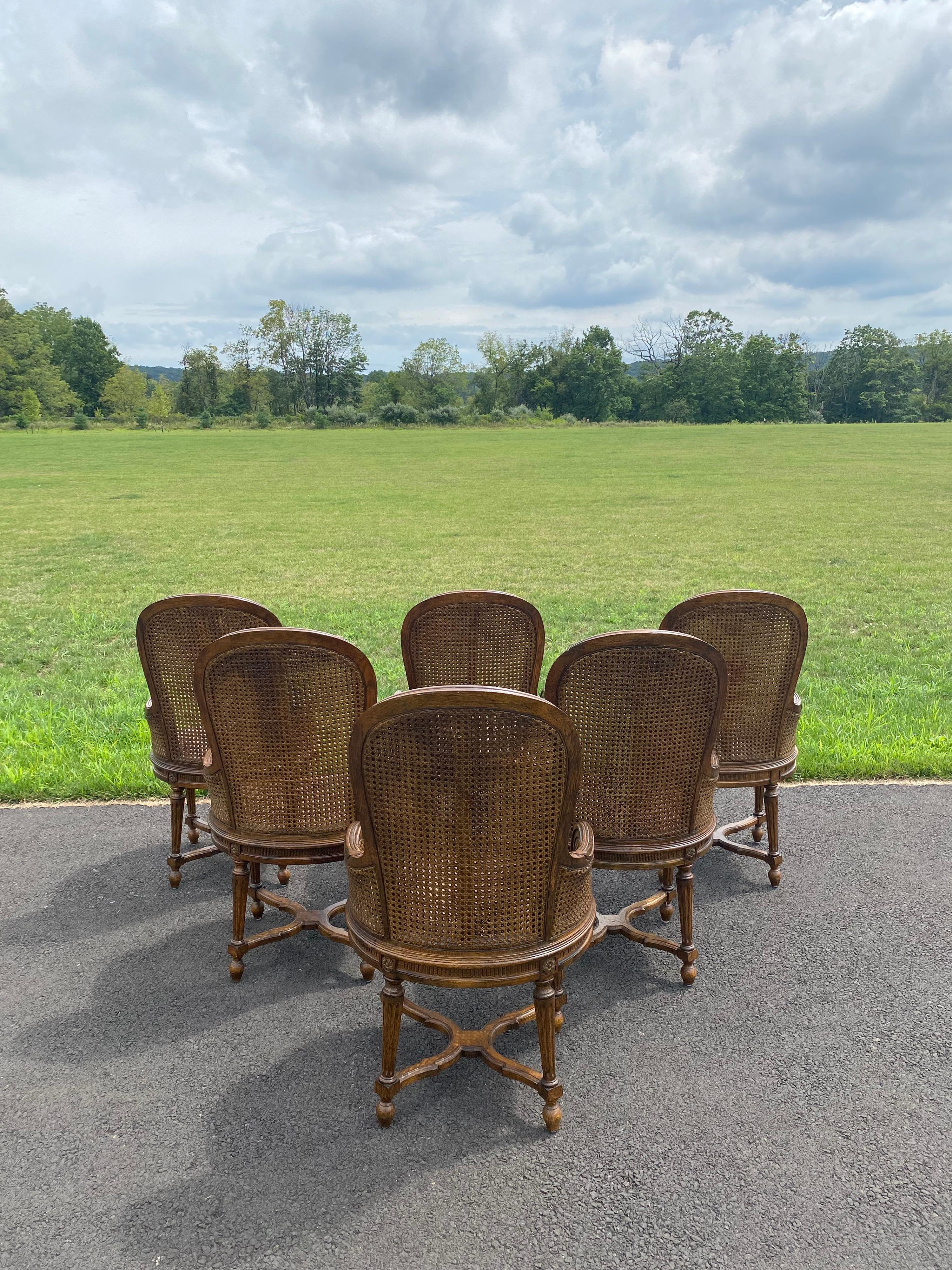 French Louis XVI Style Carved Wood & Cane Balloon Dining Arm Chairs, Set of 6 3