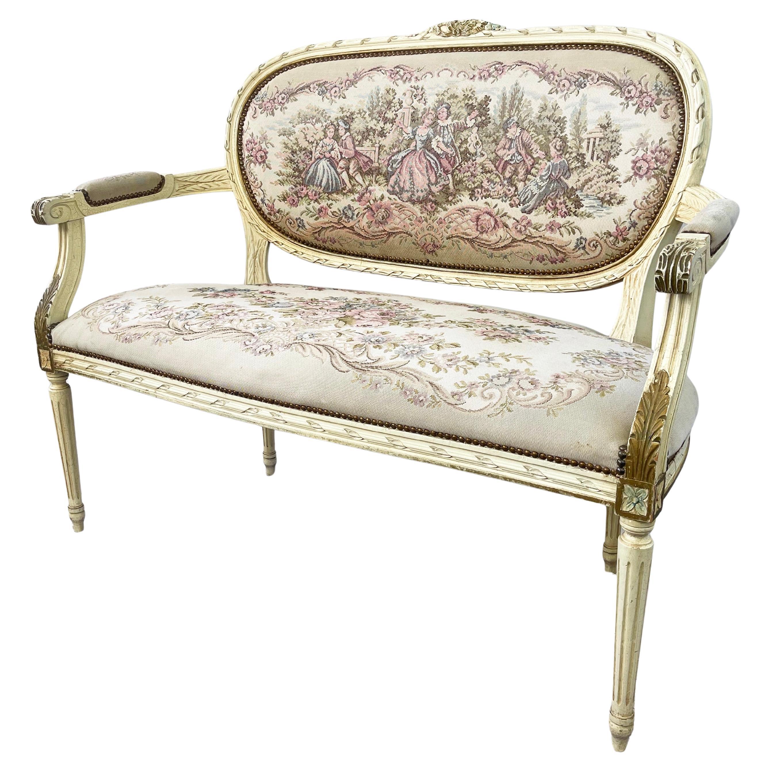 Français Canapé et paire de fauteuils en bois sculpté de style Louis XVI, Vintage en vente