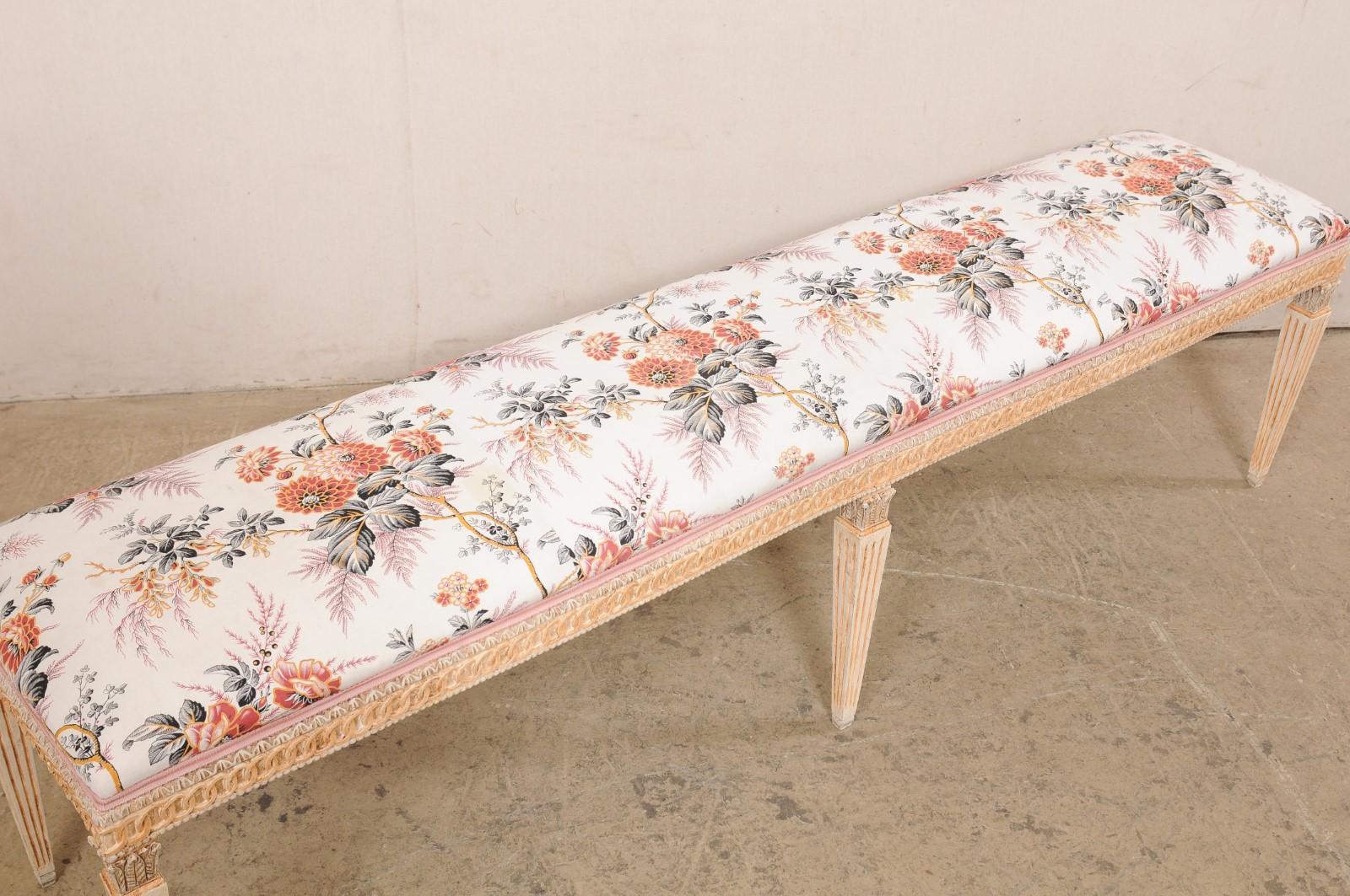 20th Century French Louis XVI Style Carved-Wood Slender Bench with Upholstered Seat For Sale
