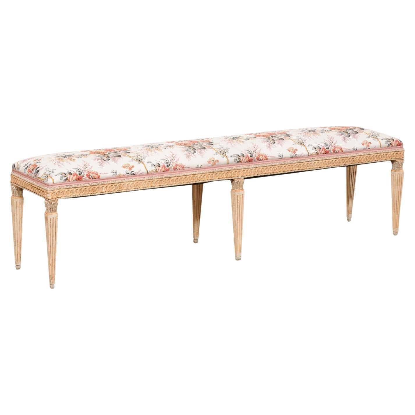French Louis XVI Style Carved-Wood Slender Bench with Upholstered Seat For Sale