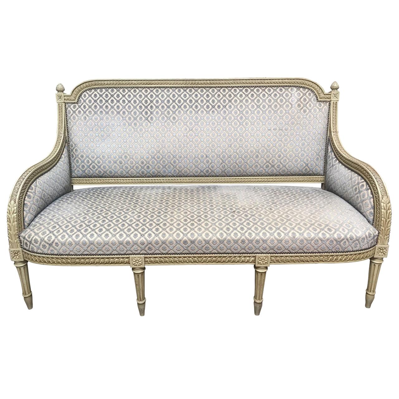 French Louis XVI Style Carved Wood Sofa with a Gray Green Painted Finish For Sale