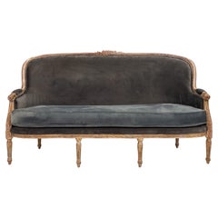 French Louis XVI Style Cerused Giltwood Settee / Sofa In Velvet