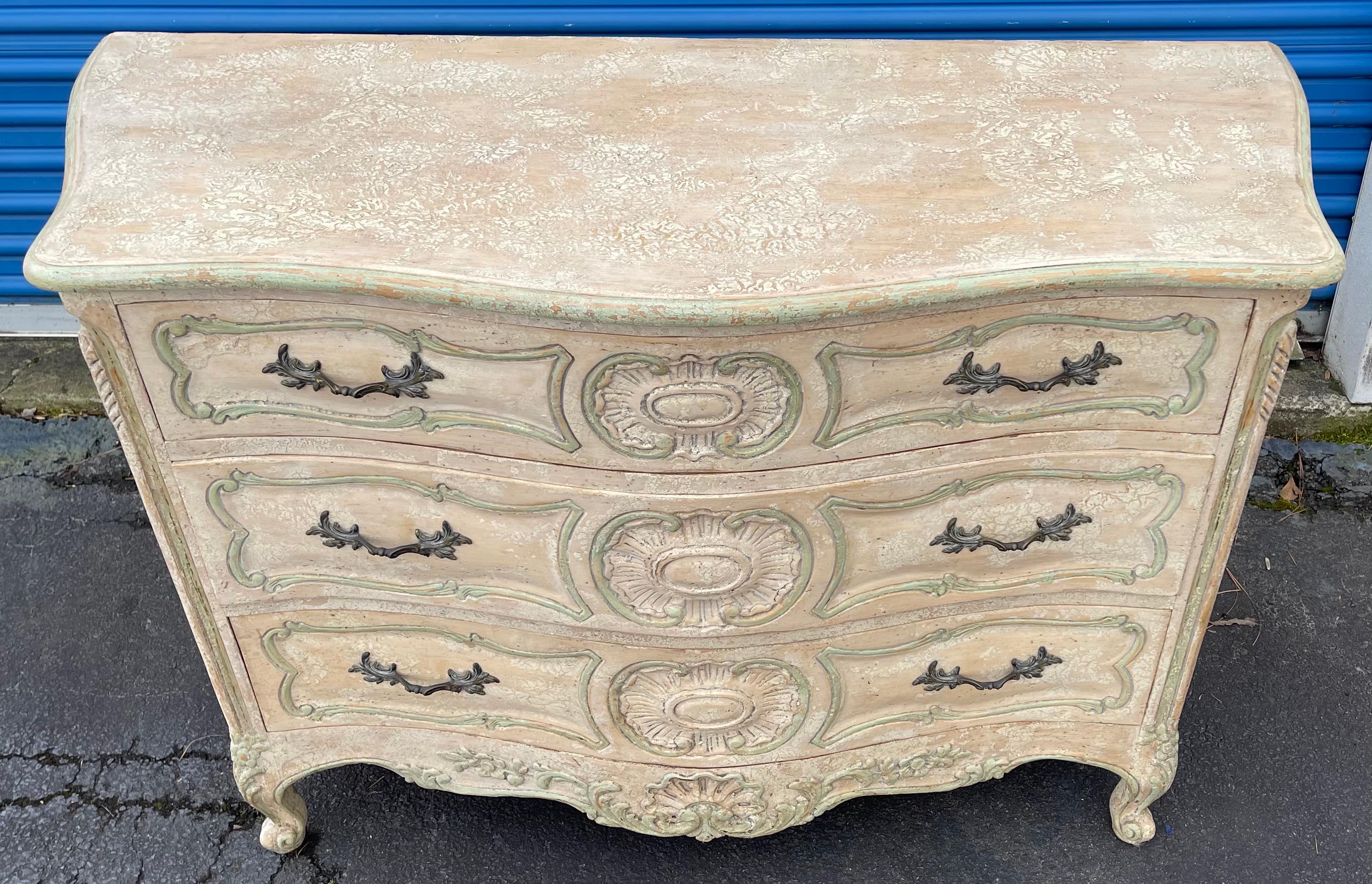 20th Century French Louis XVI Style Cerused Painted Commode / Chest with Carved Shell Motif For Sale