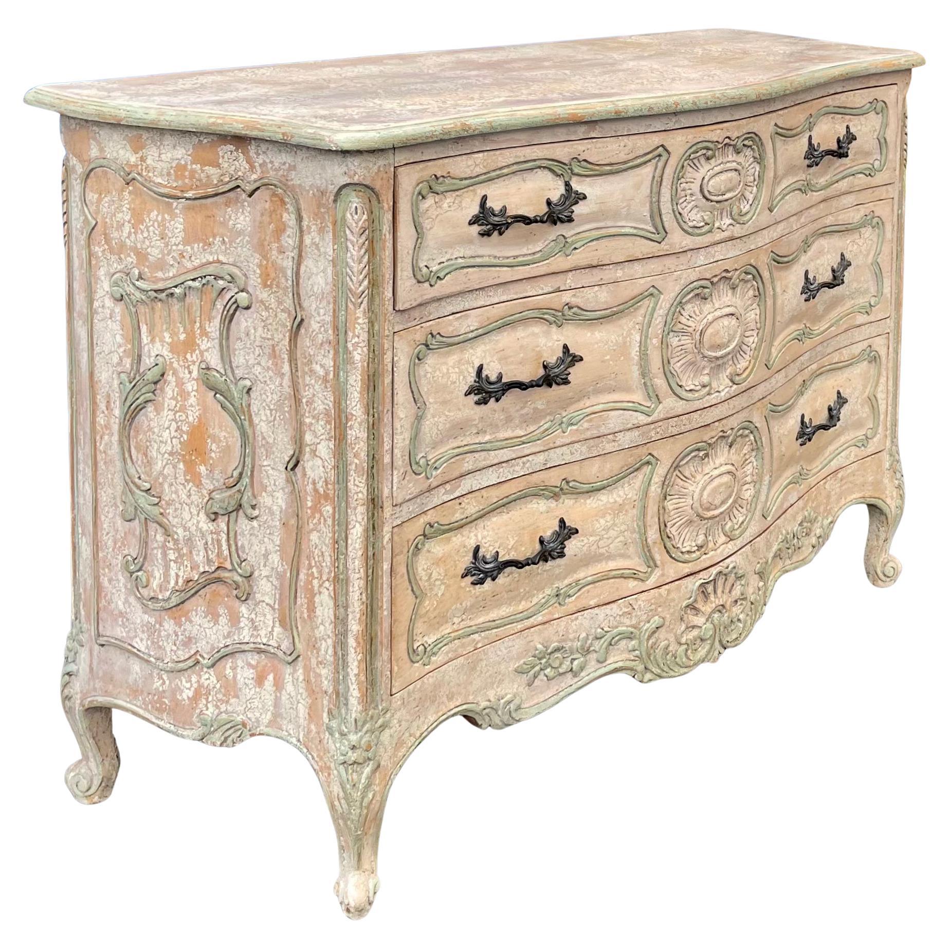 French Louis XVI Style Cerused Painted Commode / Chest with Carved Shell Motif For Sale