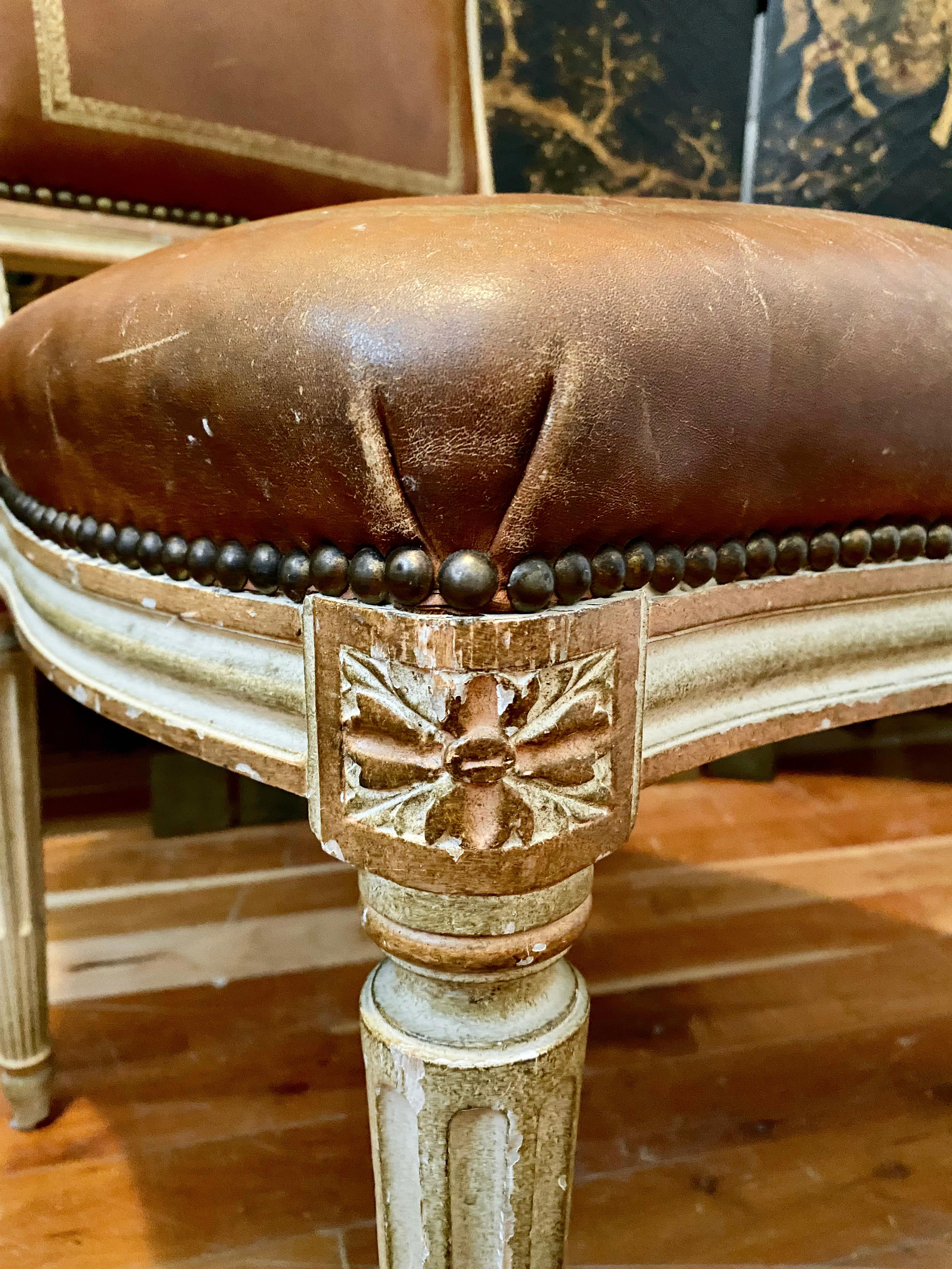 French Louis XVI Style Chair, Tooled and Gilt Leather 5