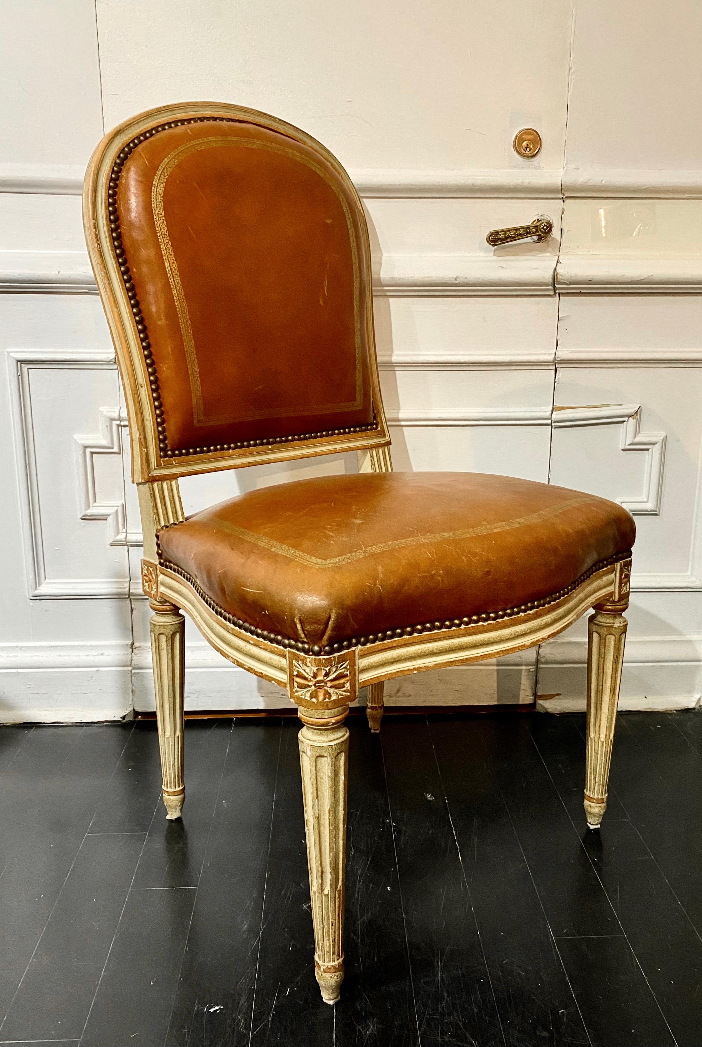 French Louis XVI Style Chair, Tooled and Gilt Leather 8