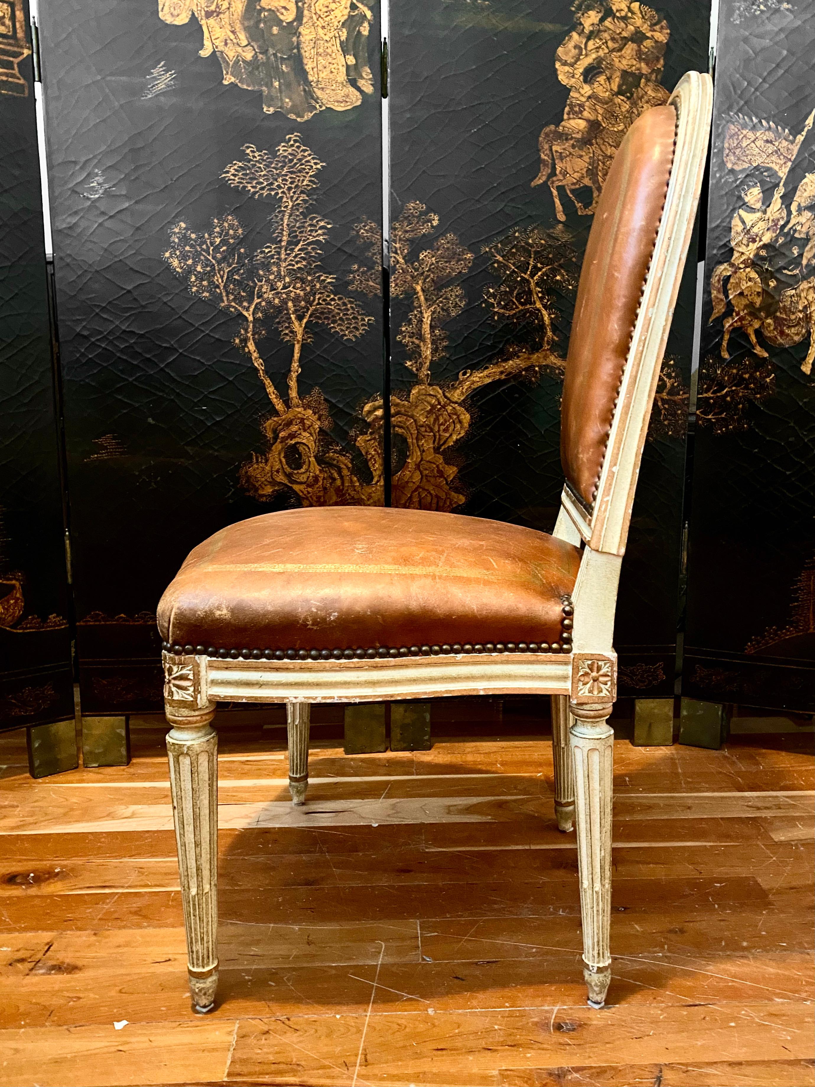 Painted French Louis XVI Style Chair, Tooled and Gilt Leather