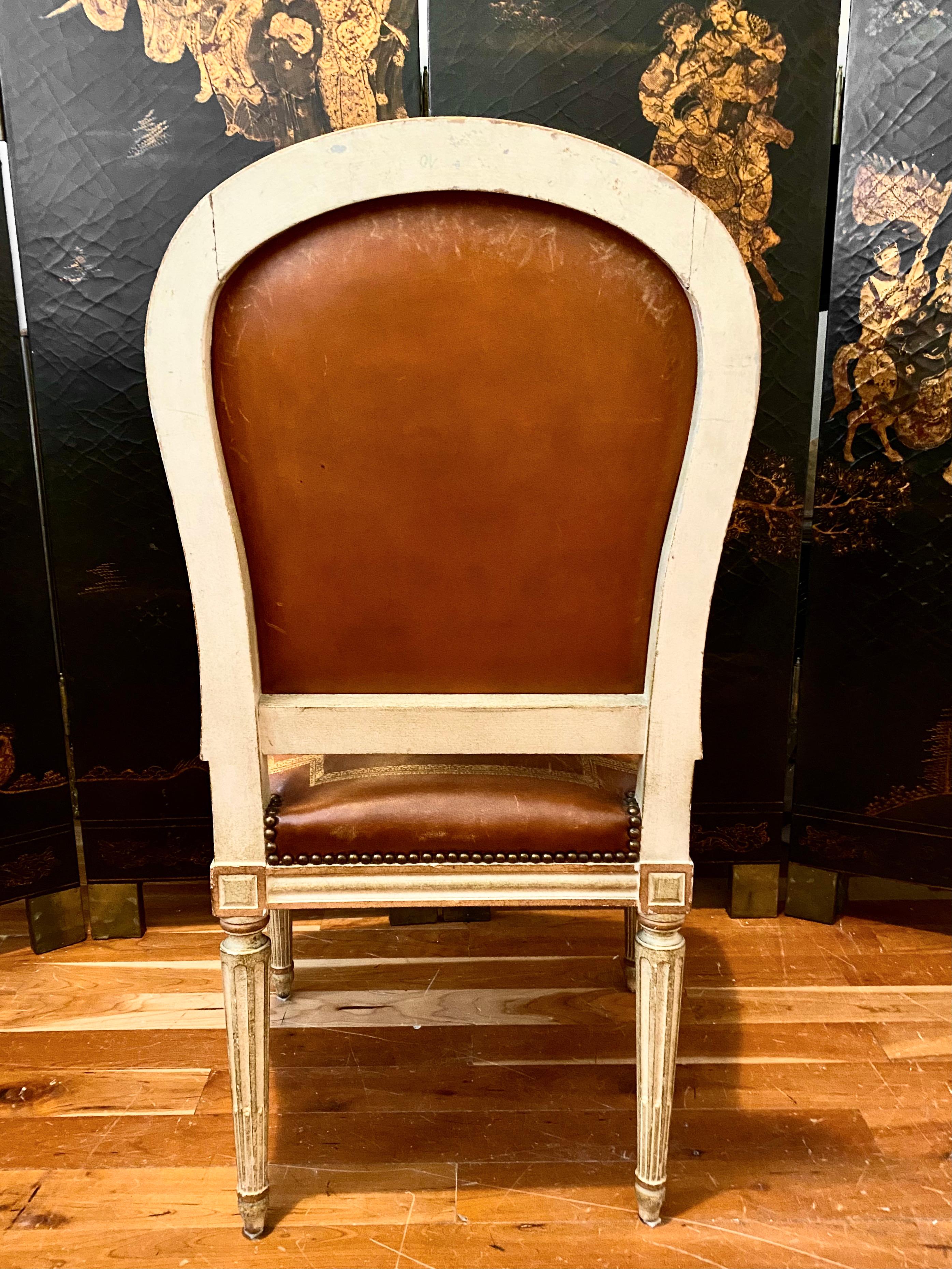 French Louis XVI Style Chair, Tooled and Gilt Leather In Good Condition In Montreal, Quebec