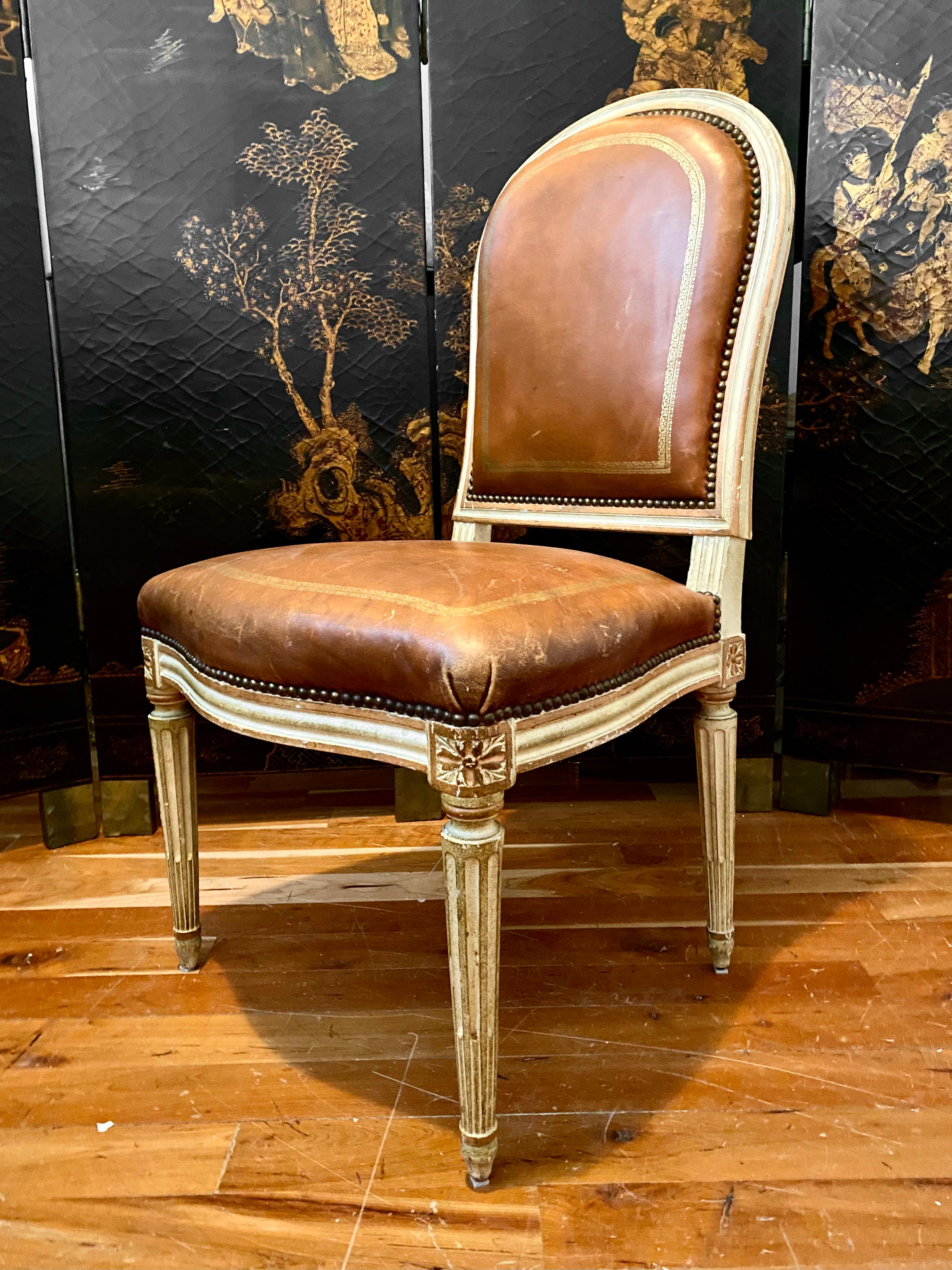 19th Century French Louis XVI Style Chair, Tooled and Gilt Leather