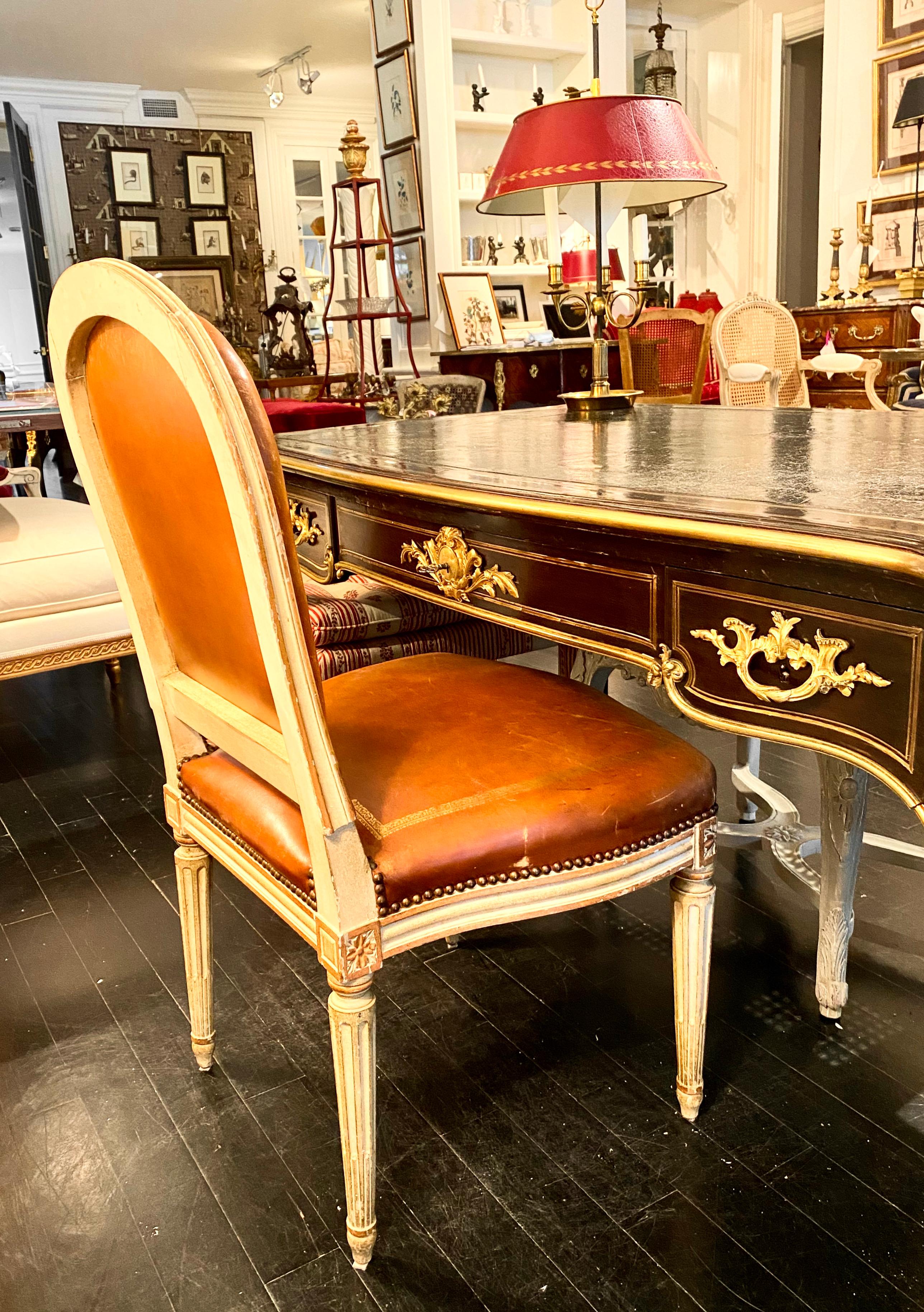 Wood French Louis XVI Style Chair, Tooled and Gilt Leather