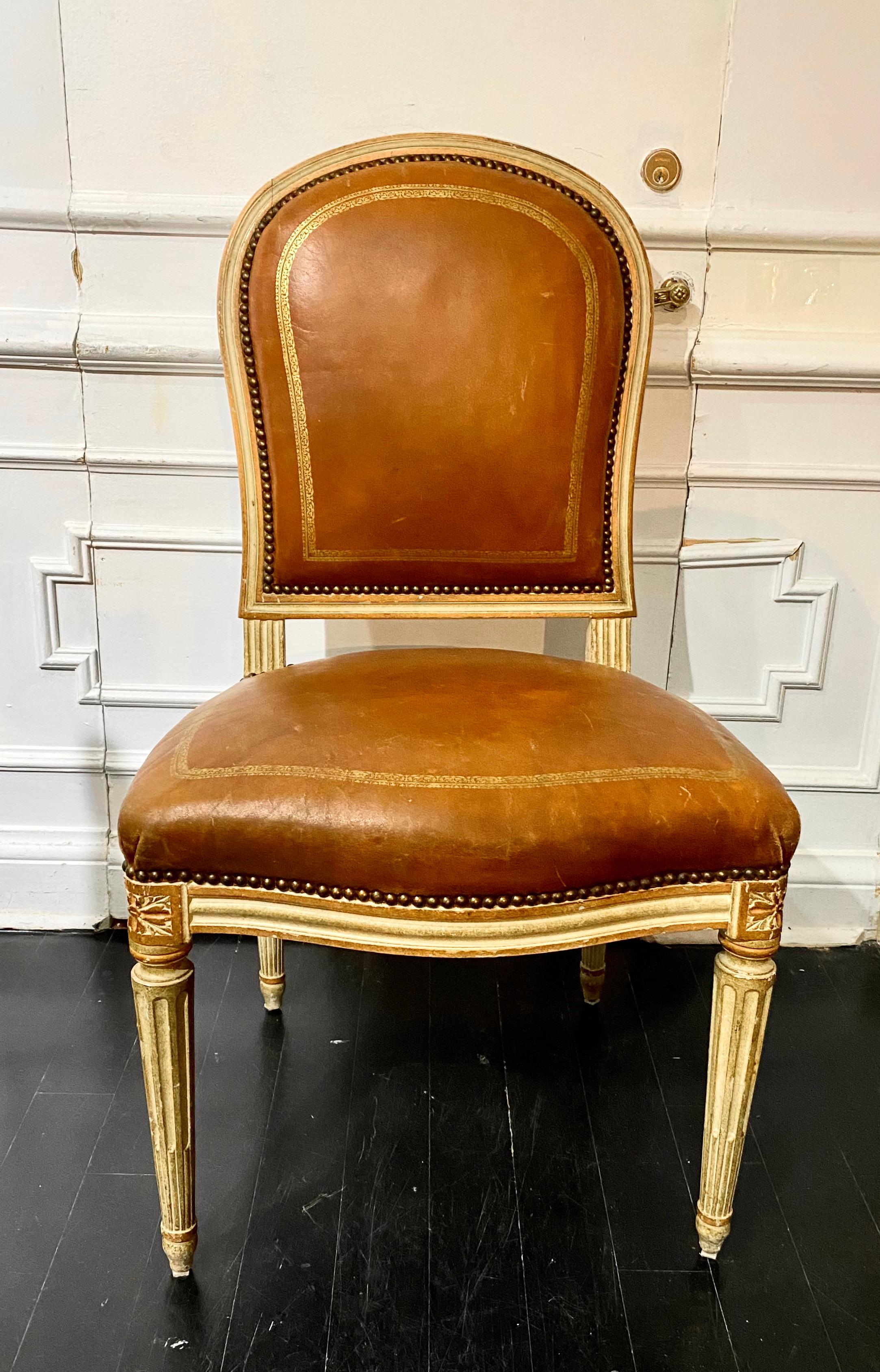 French Louis XVI Style Chair, Tooled and Gilt Leather 1