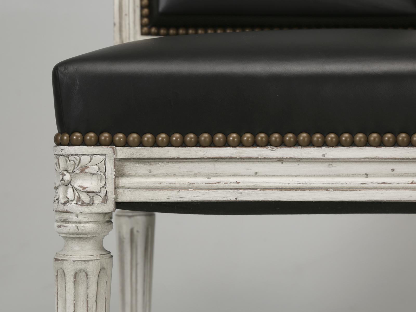 French Louis XVI Style Chairs, Dirty White Frames, Upholstered in Black Leather For Sale 4