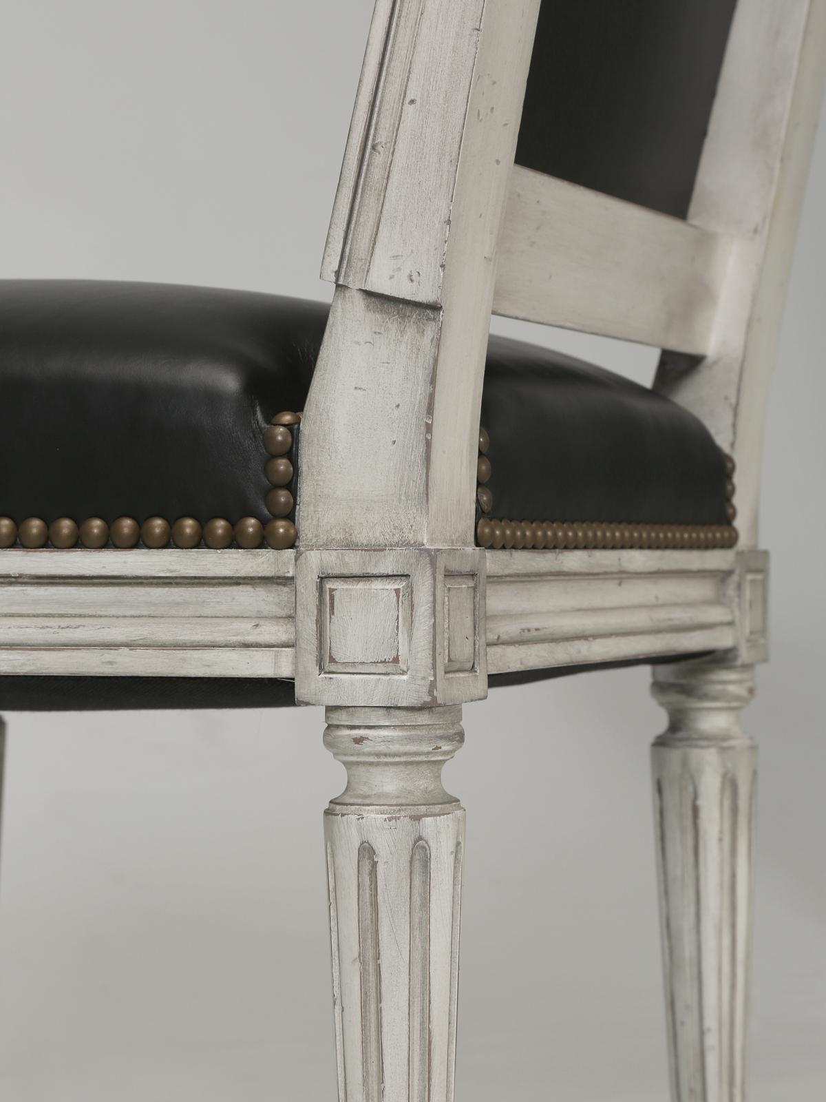 French Louis XVI Style Chairs, Dirty White Frames, Upholstered in Black Leather For Sale 6