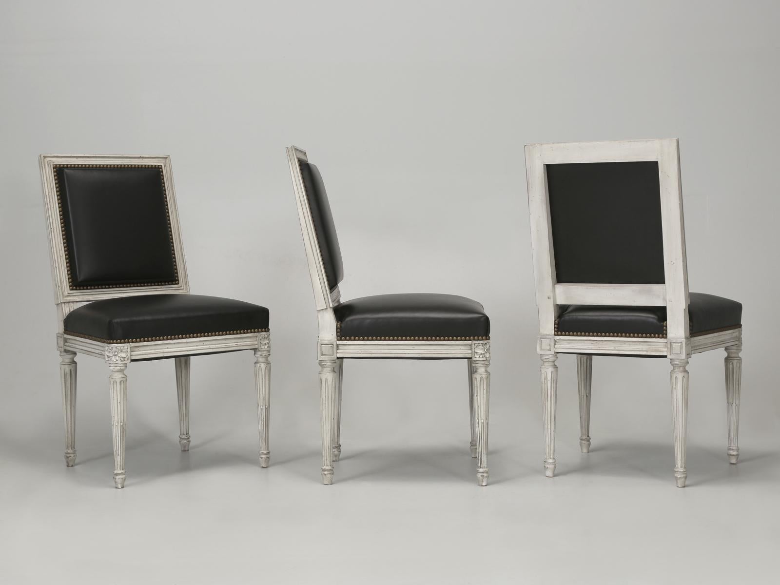 French Louis XVI style dining chairs in your choice of finishes and upholstery. Old Plank had been for decades trying to find a “comfortable, by American standards” Louis XVI dining side chair. Your typical vintage (c1900’s) French Louis XVI style