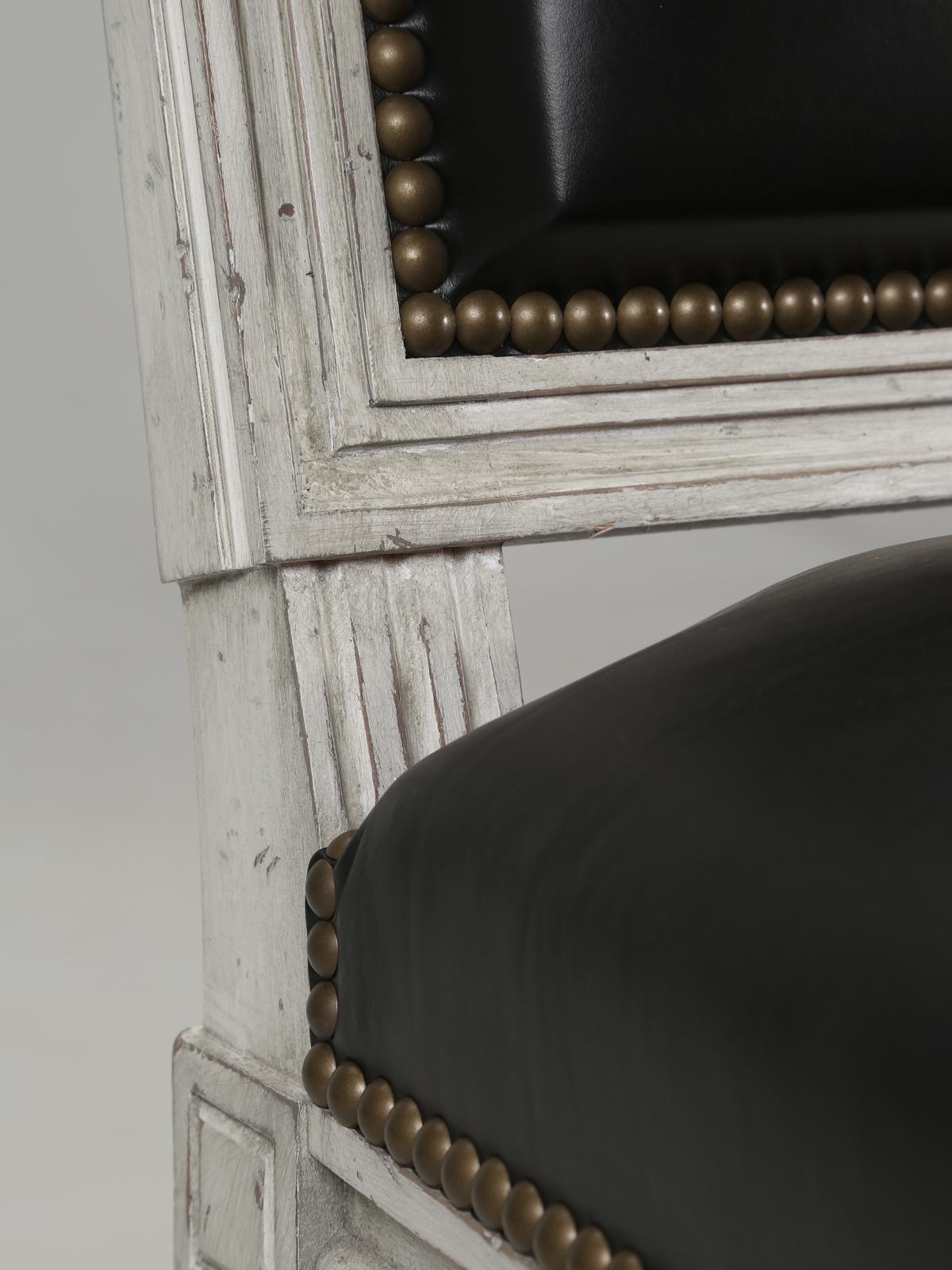 French Louis XVI Style Chairs, Dirty White Frames, Upholstered in Black Leather For Sale 2