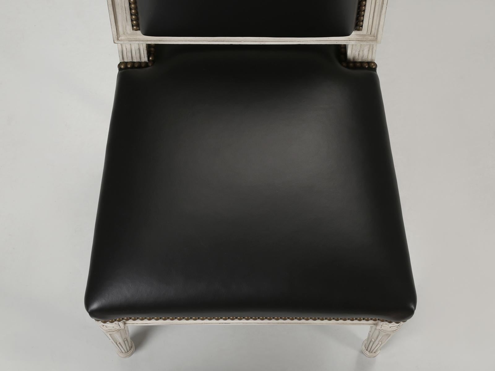 French Louis XVI Style Chairs, Dirty White Frames, Upholstered in Black Leather For Sale 3