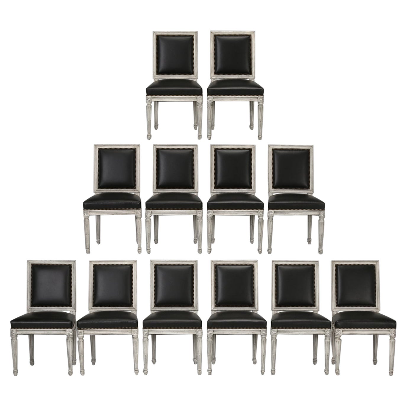 French Louis XVI Style Chairs, Dirty White Frames, Upholstered in Black Leather