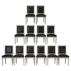 French Louis XVI Style Chairs, Dirty White Frames, Upholstered in Black Leather