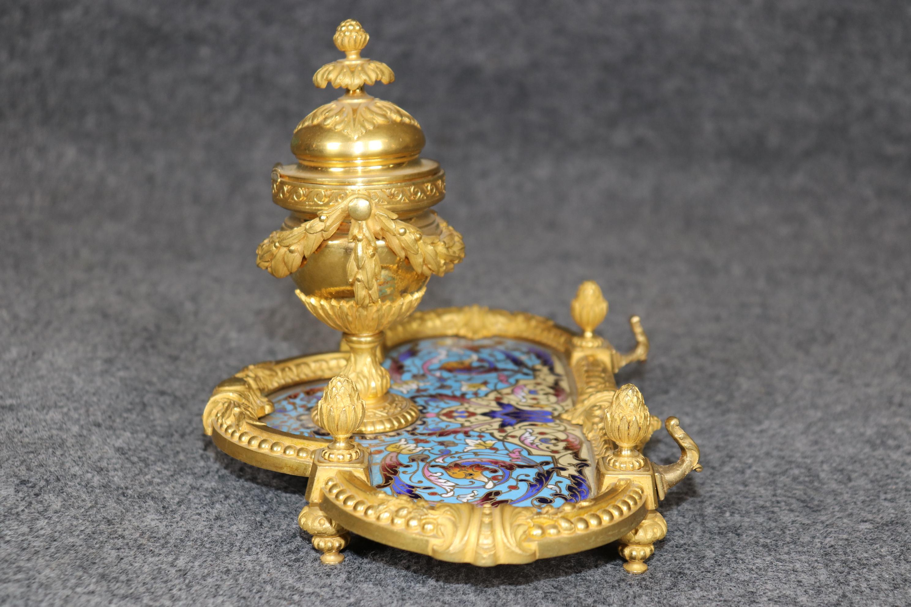 19th Century French Louis XVI Style Champlevé and Ormolu Inkwell Circa 1890 For Sale