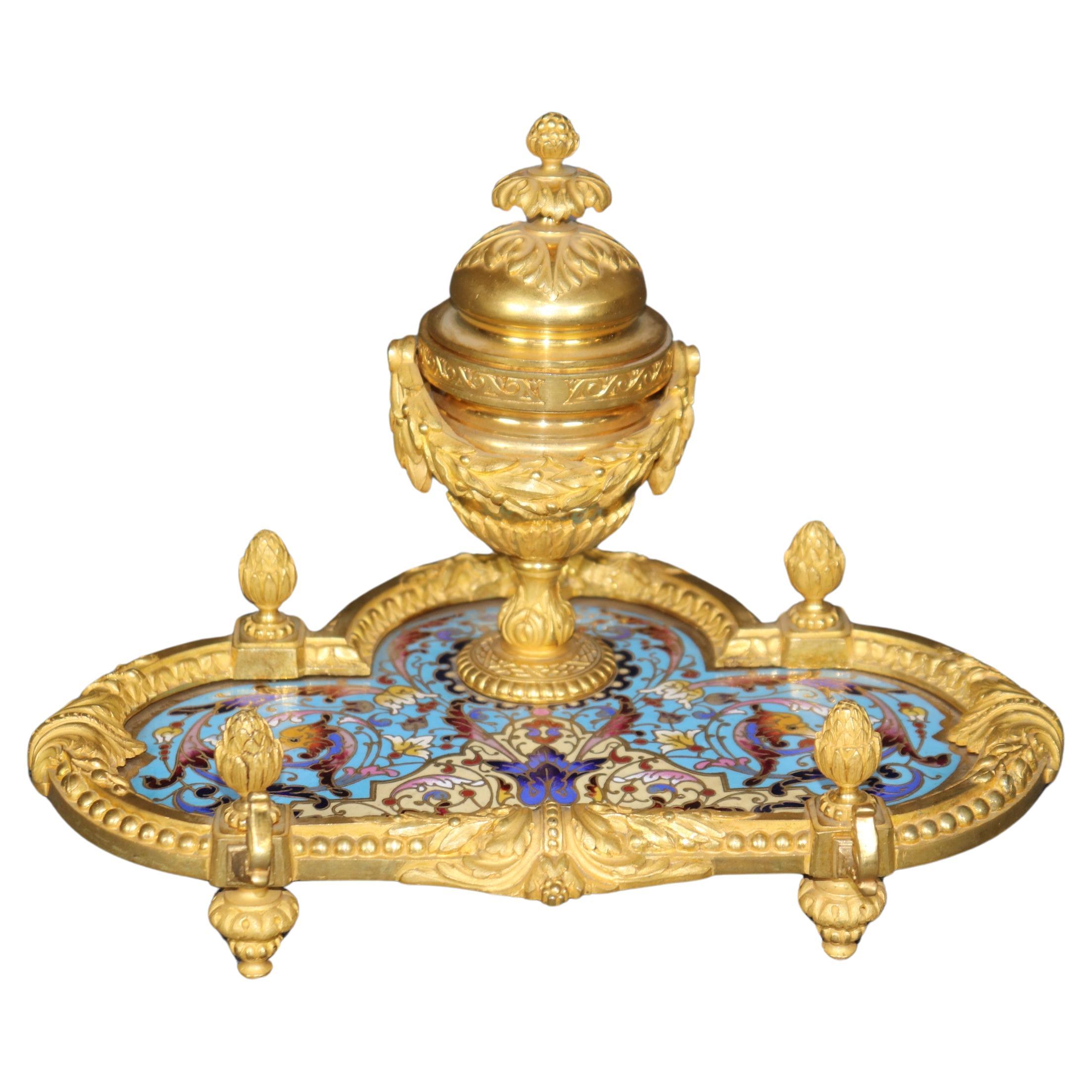 French Louis XVI Style Champlevé and Ormolu Inkwell Circa 1890