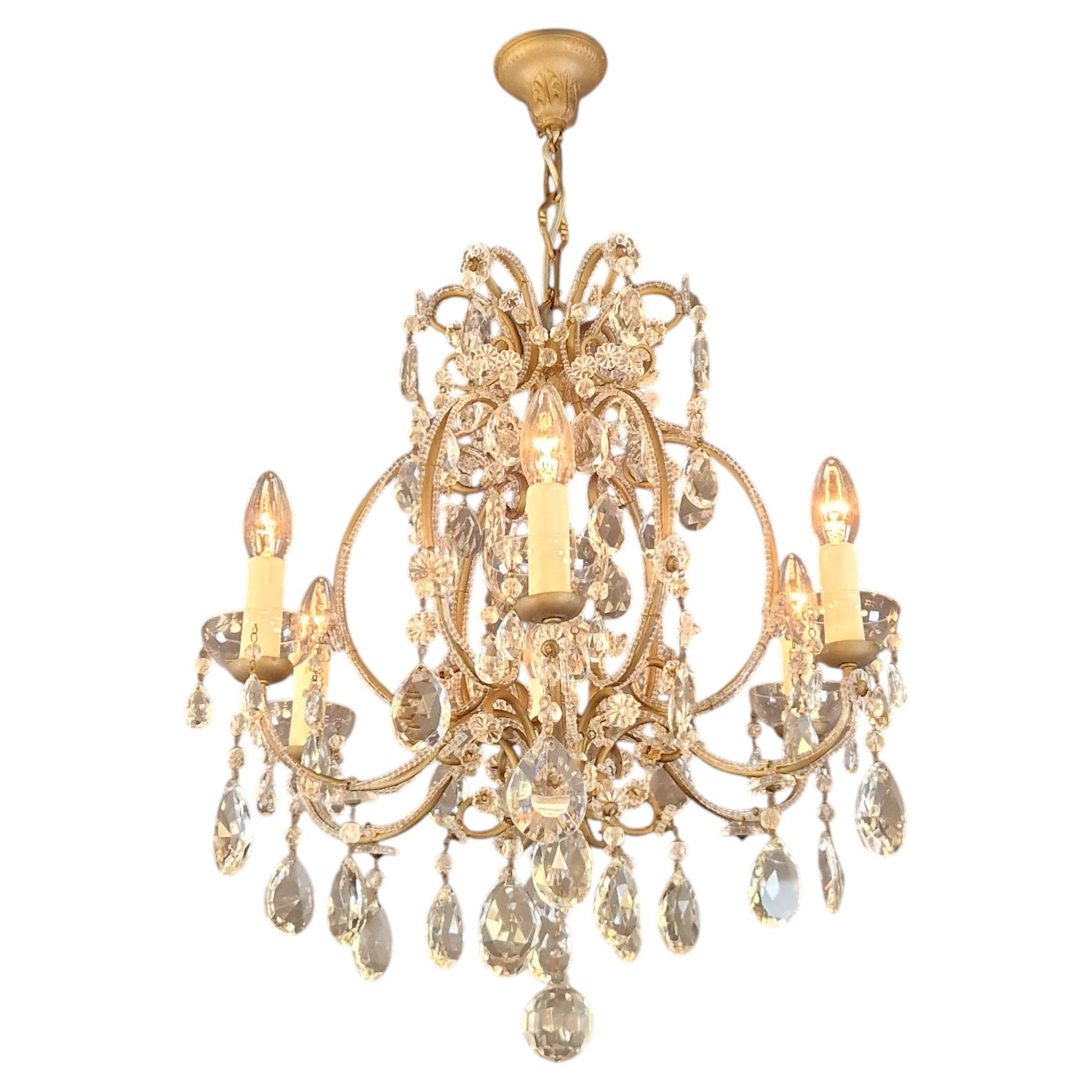 French Louis XVI Style Chandelier Restored Crystal Drops Brass Antique Vintage