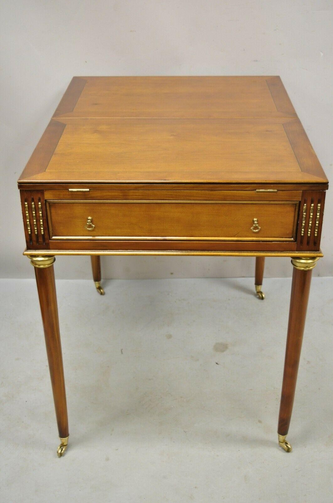 French Louis XVI Style Cherry Wood Flip Top Game Table with Brass Wheels For Sale 8