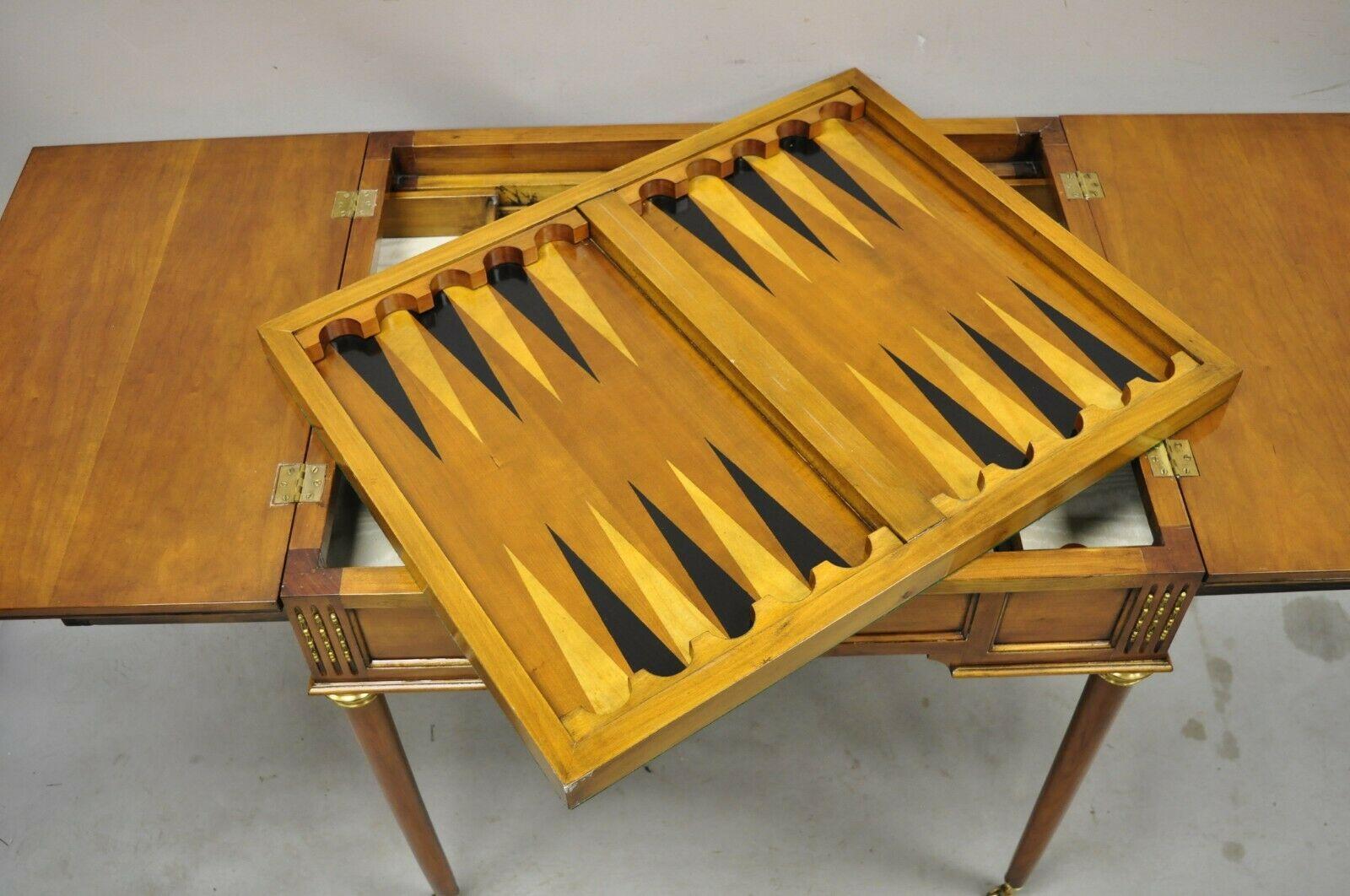 French Louis XVI Style Cherry Wood Flip Top Game Table with Brass Wheels For Sale 1