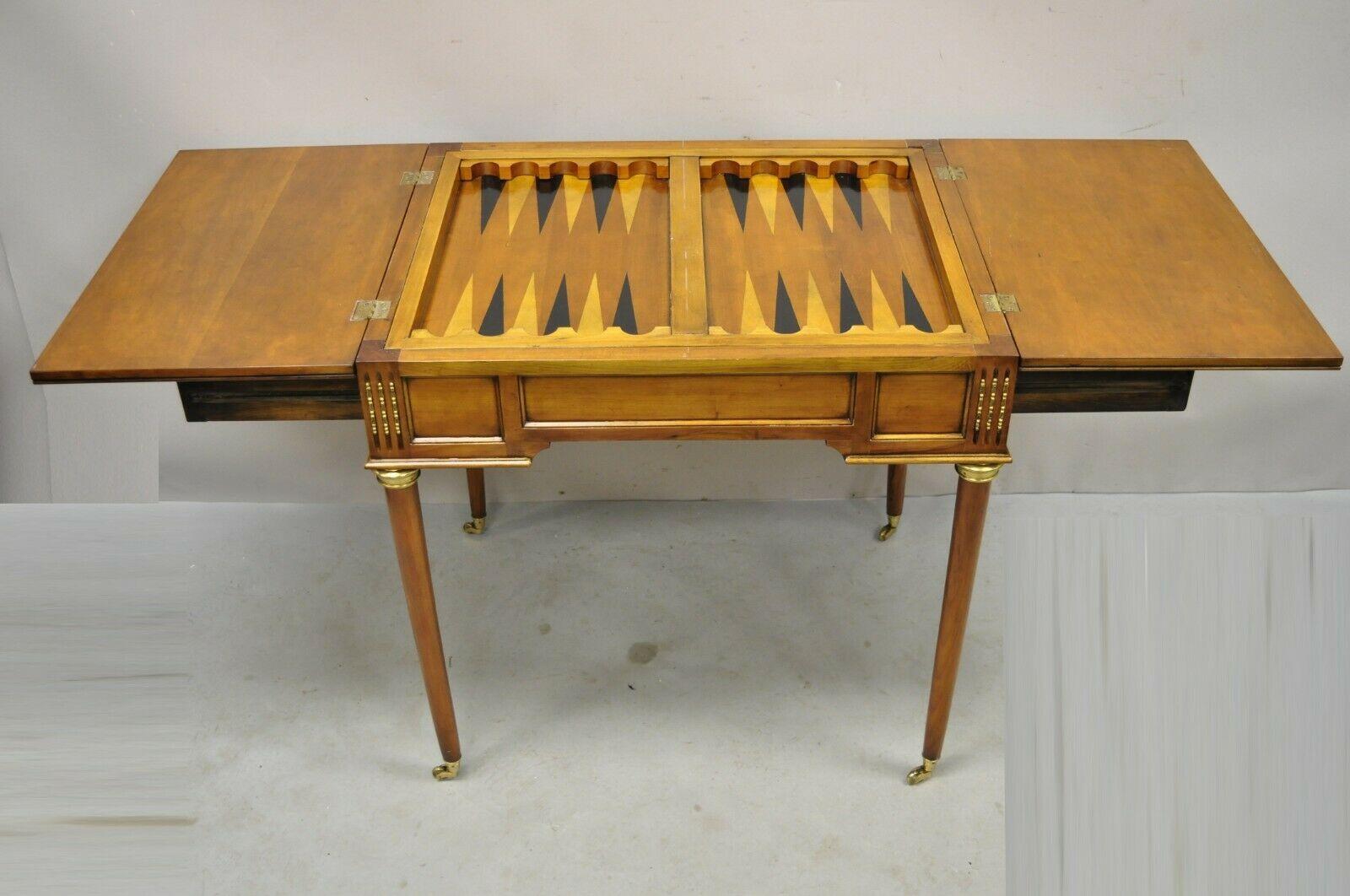 French Louis XVI Style Cherry Wood Flip Top Game Table with Brass Wheels For Sale 2