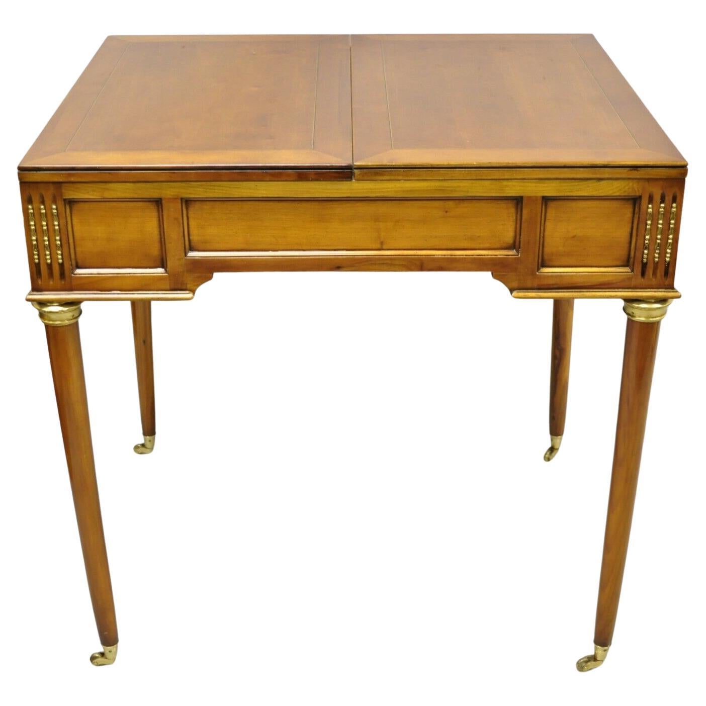 French Louis XVI Style Cherry Wood Flip Top Game Table with Brass Wheels