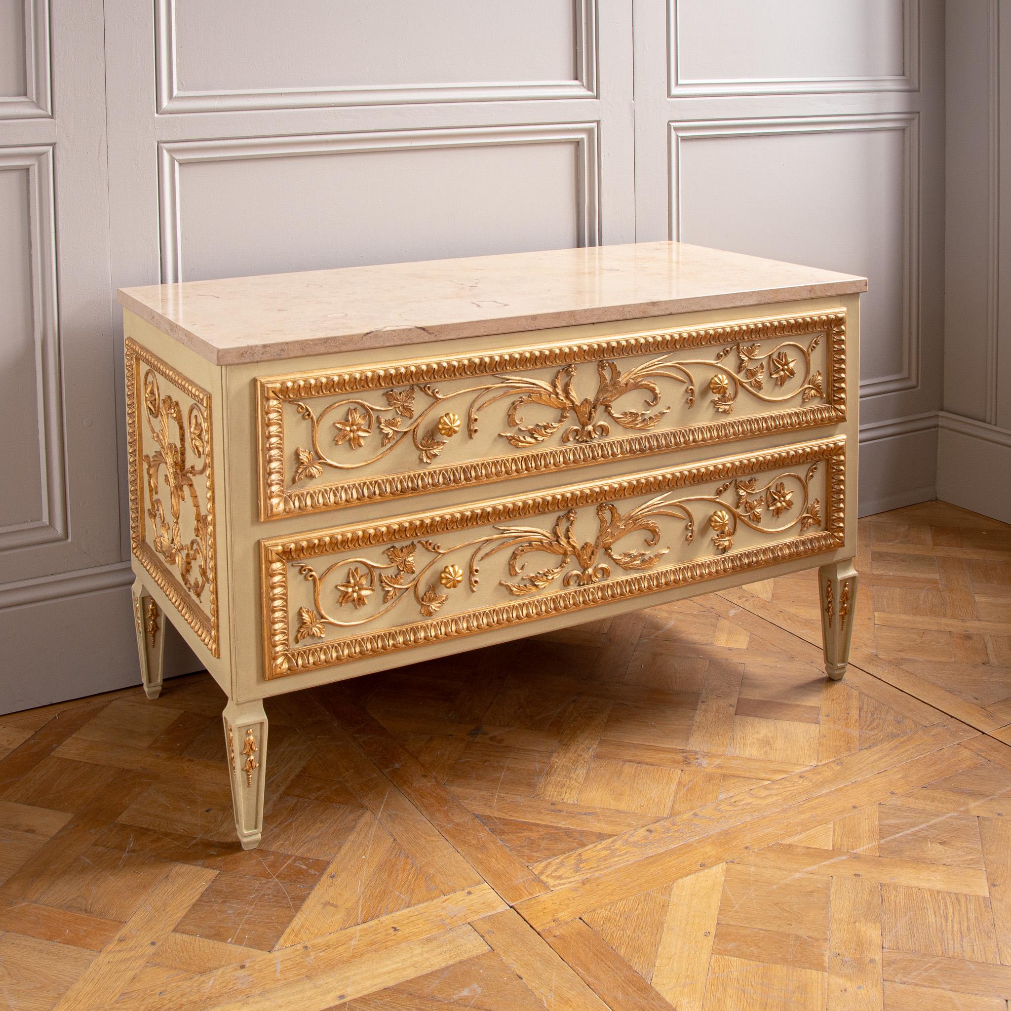 Pietra French Louis XVI Style Chest Of Drawers With Gilt Work by La Maison London in vendita