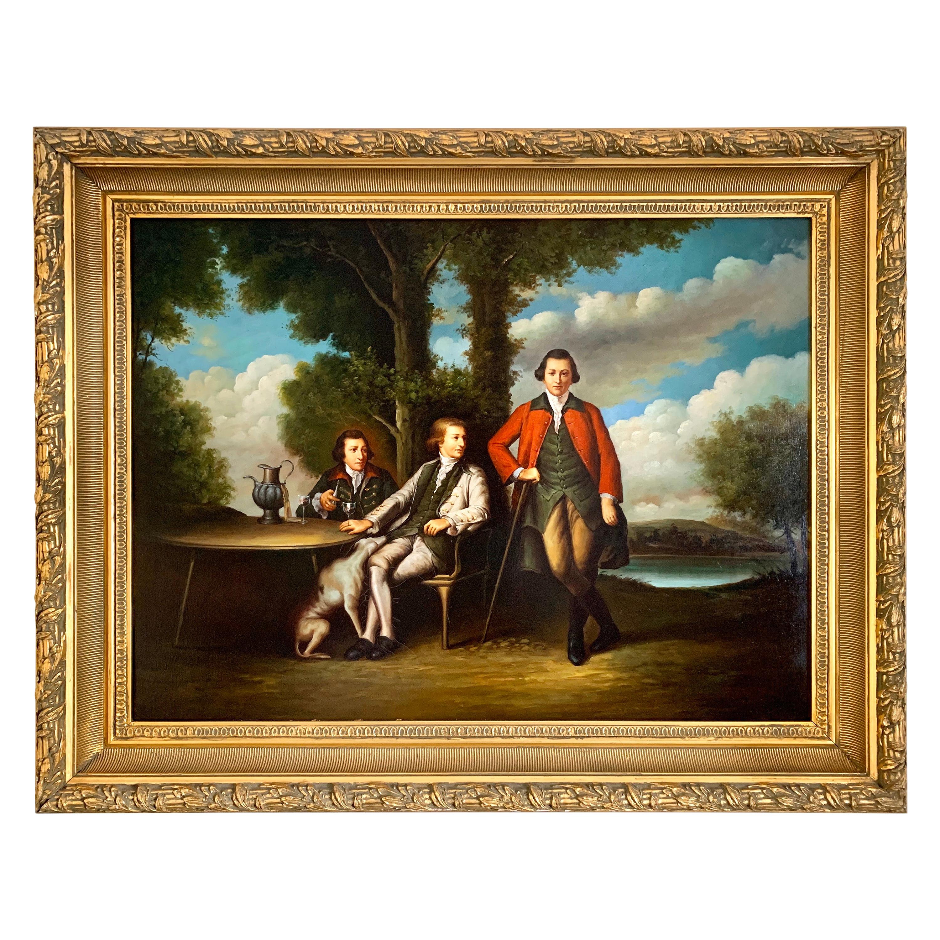 French Louis XVI Style Classical Original Oil Painting of Three Men in Repose