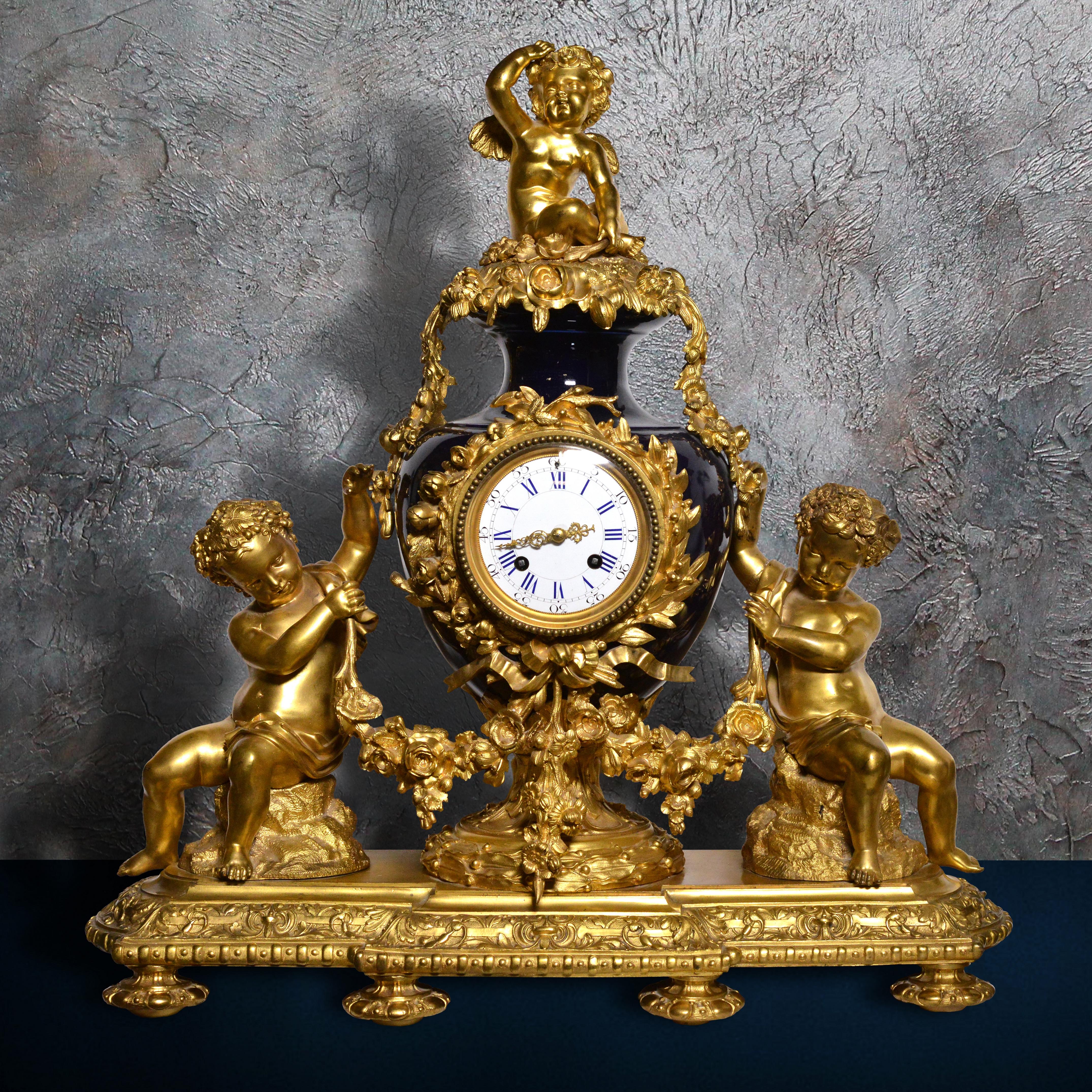 French Louis XVI style Clock 2 dials Gilt Bronze w Sèvres Porcelain 19th century In Good Condition For Sale In Sweden, SE