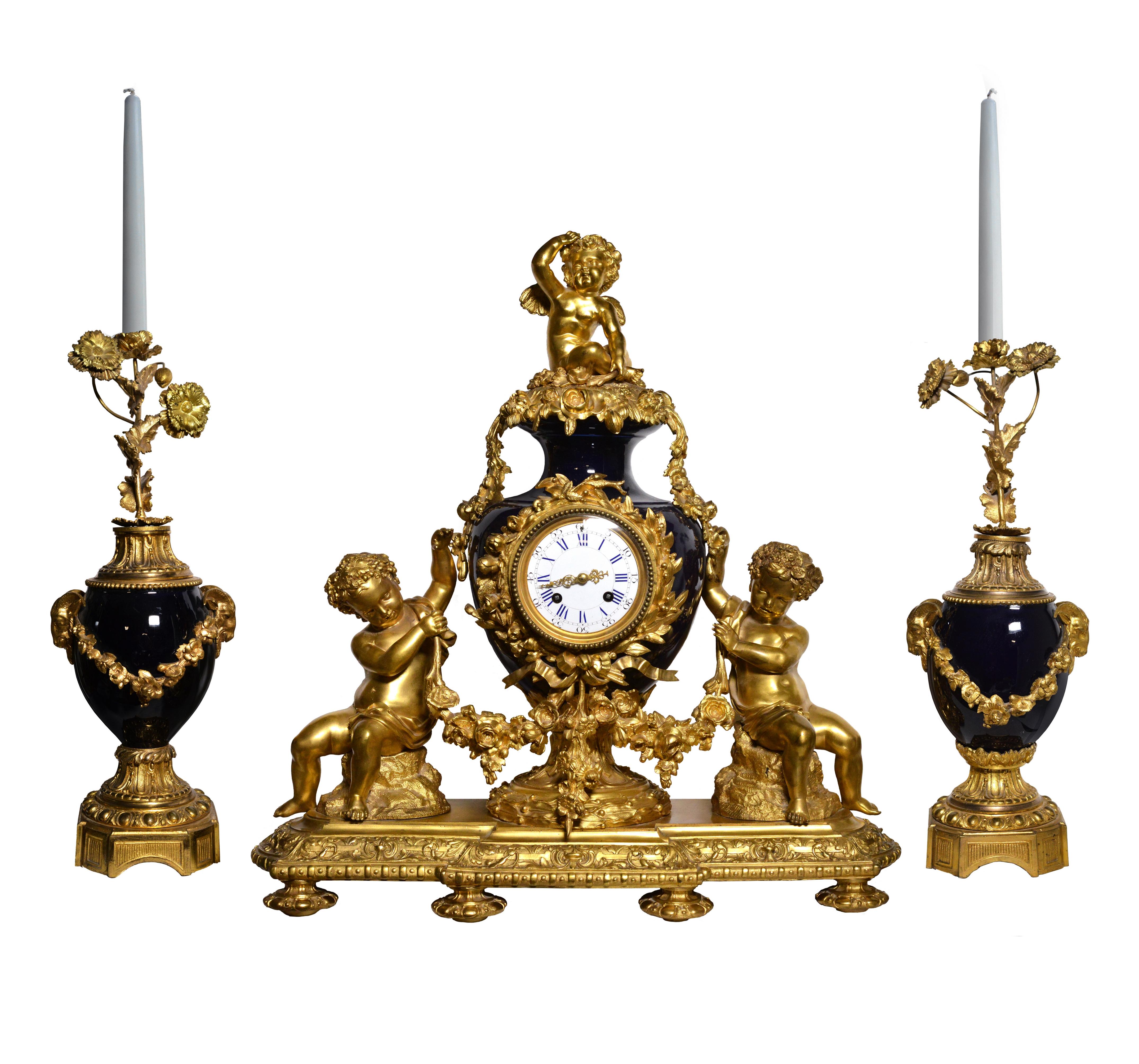 19th Century French Louis XVI style Clock 2 dials Gilt Bronze w Sèvres Porcelain 19th century For Sale