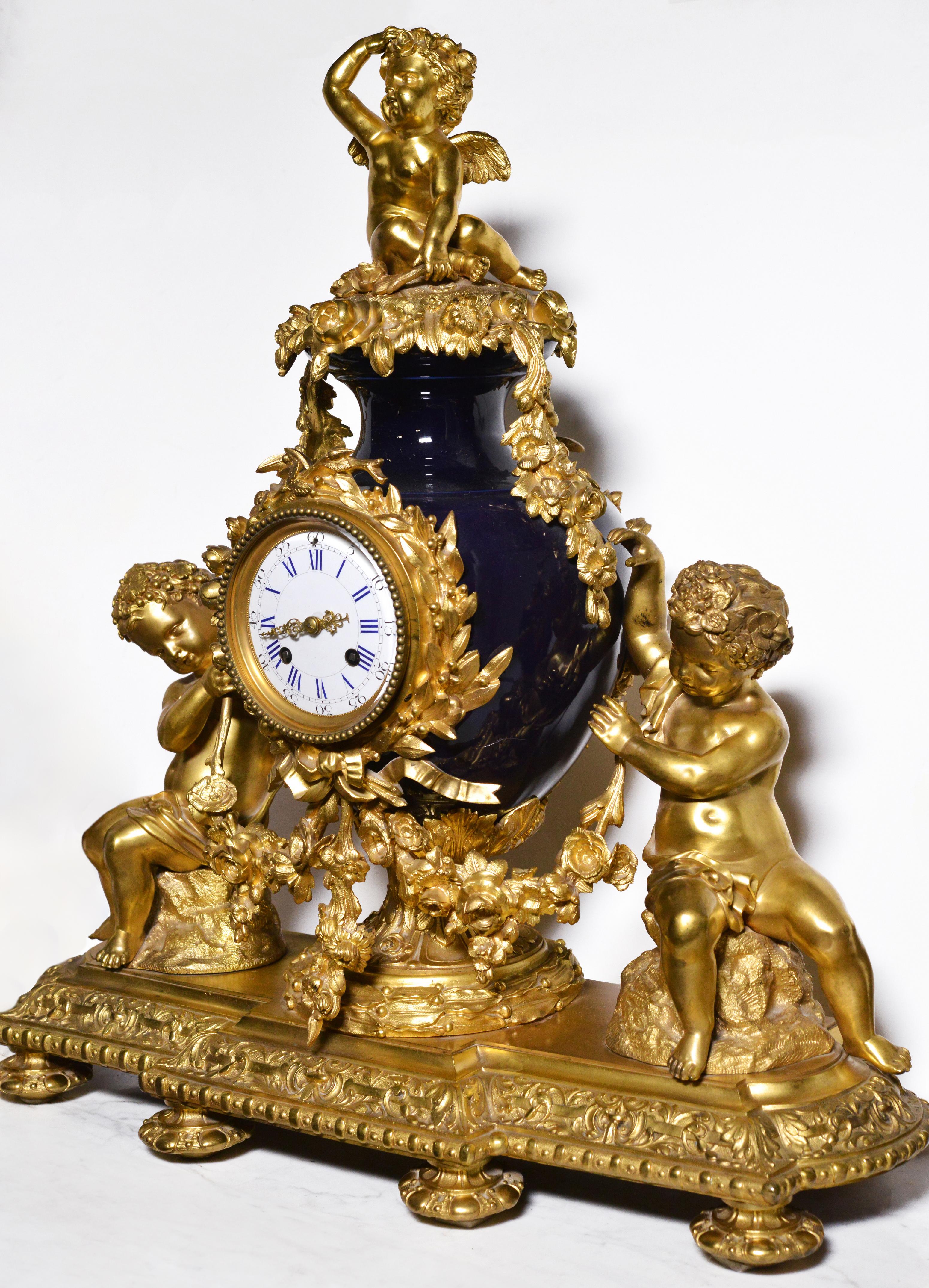 French Louis XVI style Clock 2 dials Gilt Bronze w Sèvres Porcelain 19th century For Sale 2