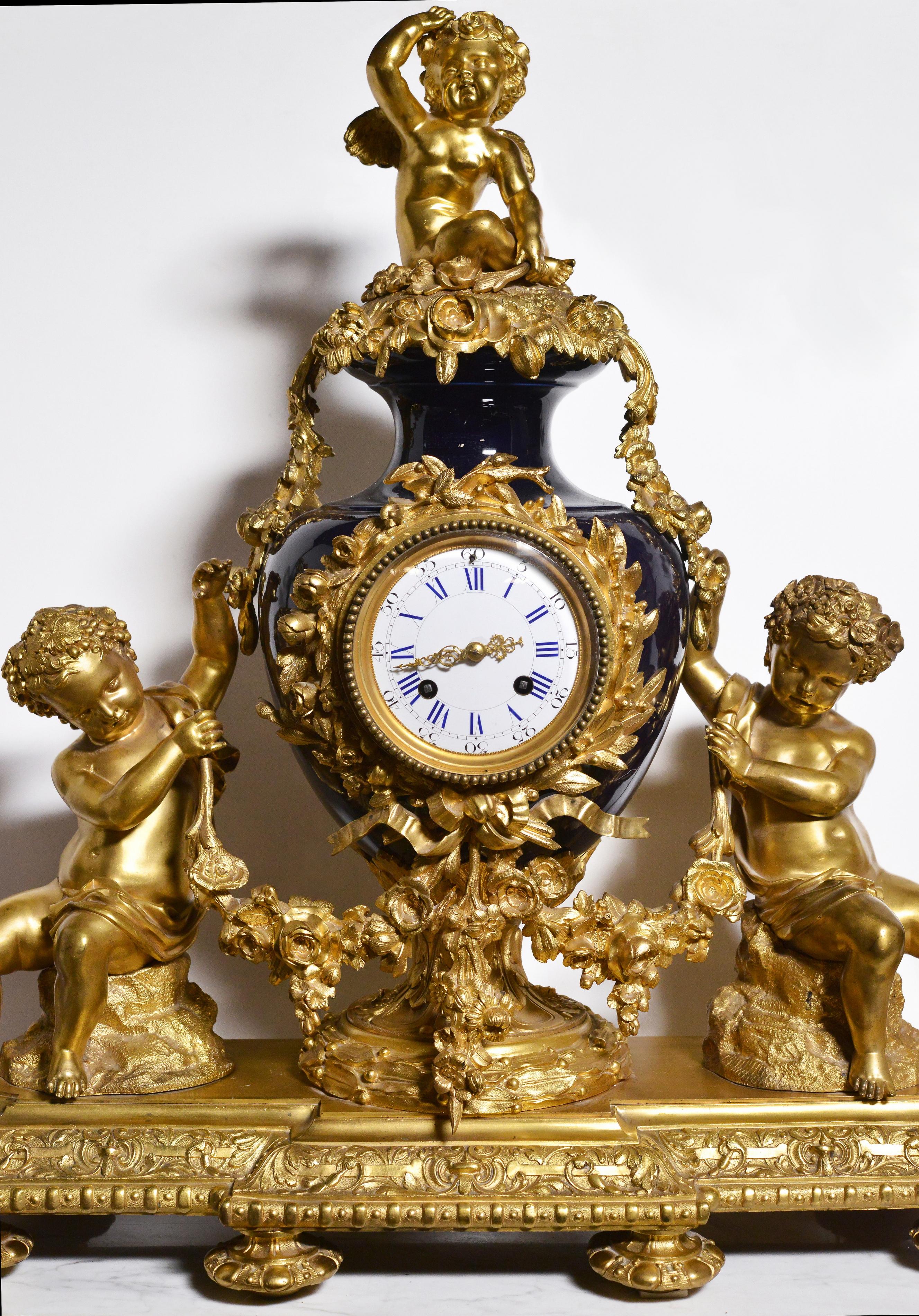 French Louis XVI style Clock 2 dials Gilt Bronze w Sèvres Porcelain 19th century For Sale 3
