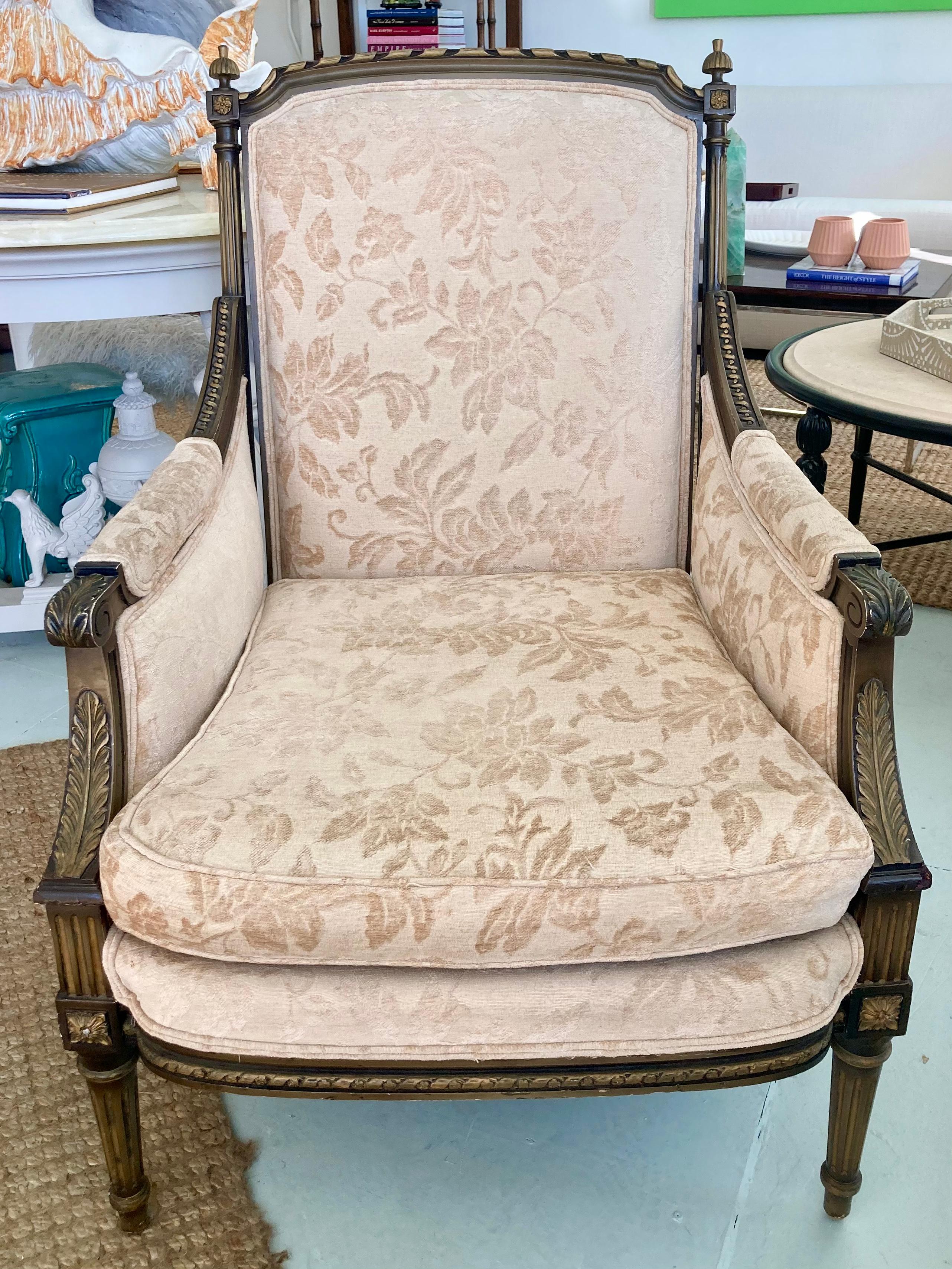 Fabulous French Louis XVI style club chair from a John Elgin Woolf project. We have 3 pieces available, please see additional listings for a second chair and also a sofa. Collect the entire salon set. All original finish and textiles - keep as-is,