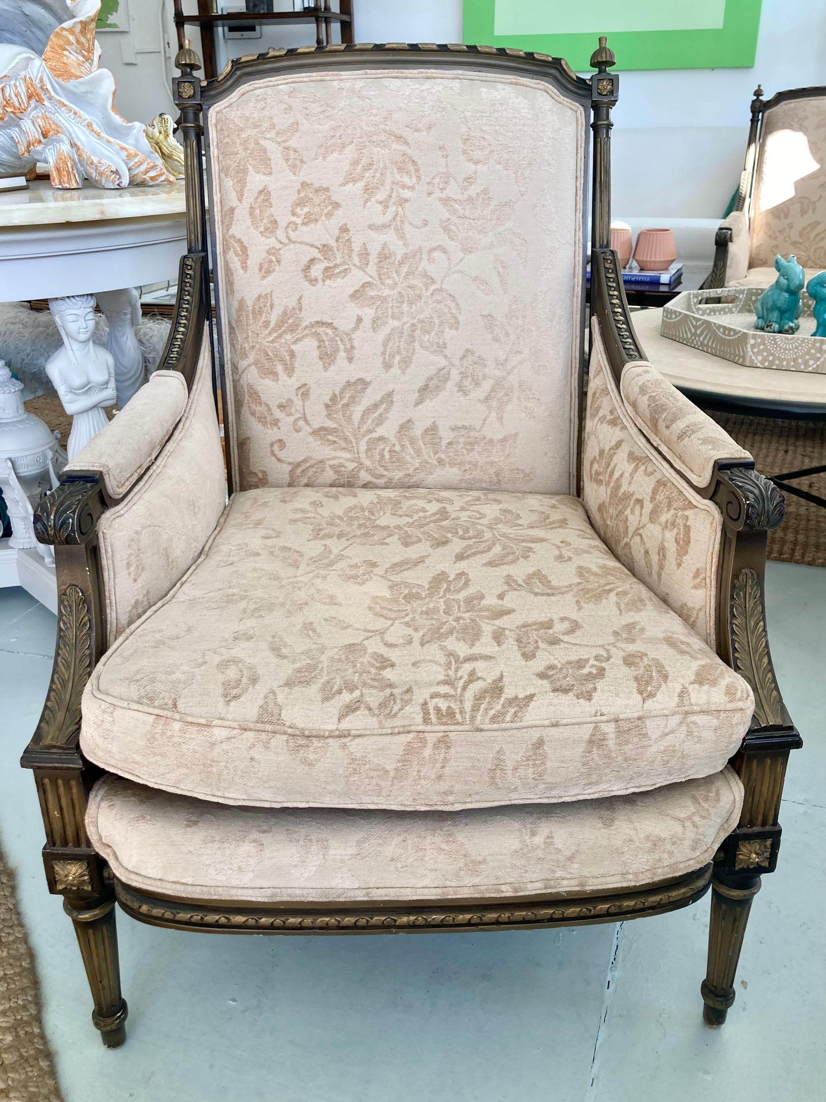 Fabulous French Louis XVI style club chair from a John Elgin Woolf project. We have 3 pieces available, please see additional listings for a second chair and also a sofa. Collect the entire salon set. All original finish and textiles - keep as-is,