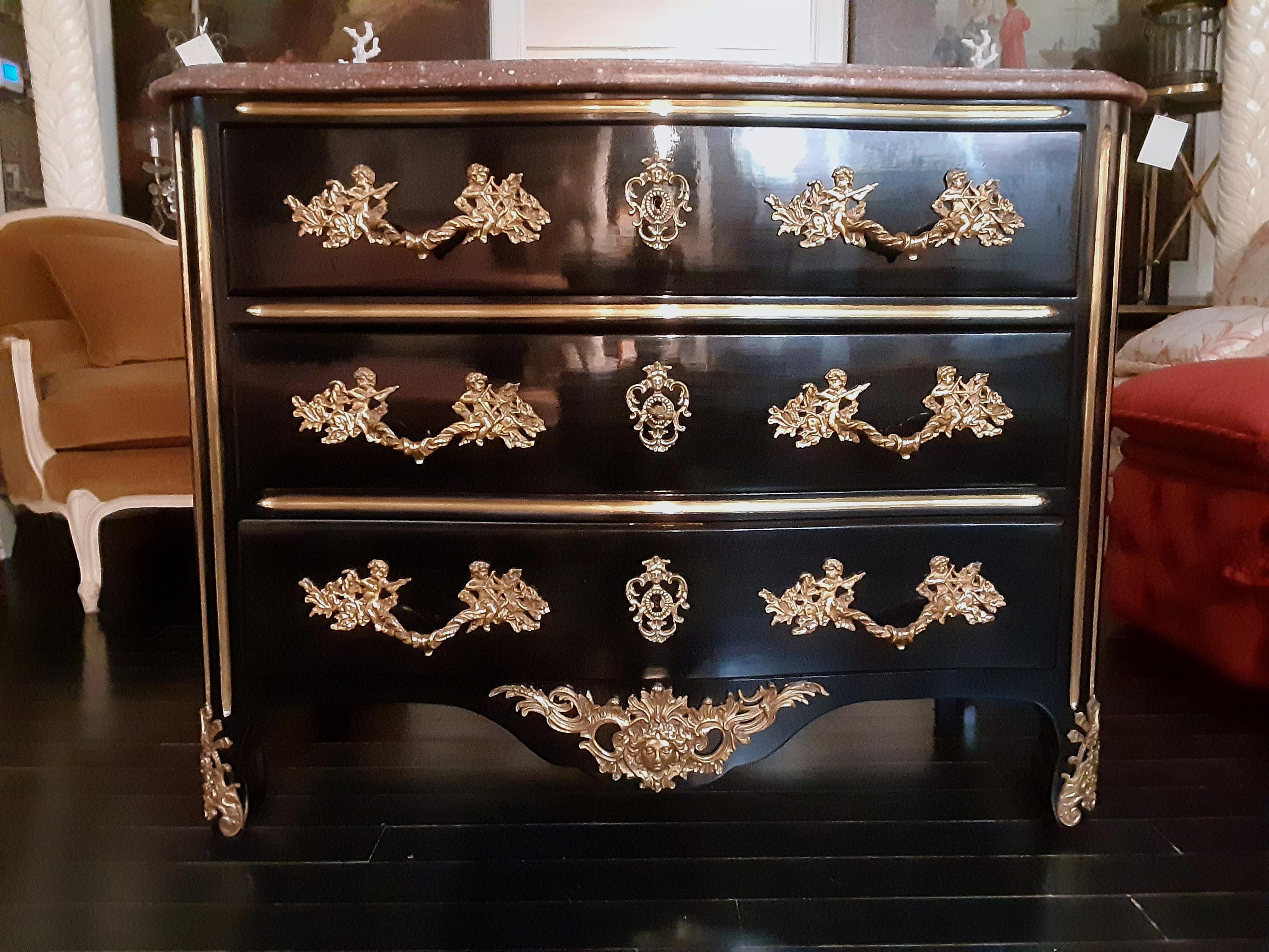 French Louis XVI Style Commode dresser with marble top and gilt bronze mounts. Rare 