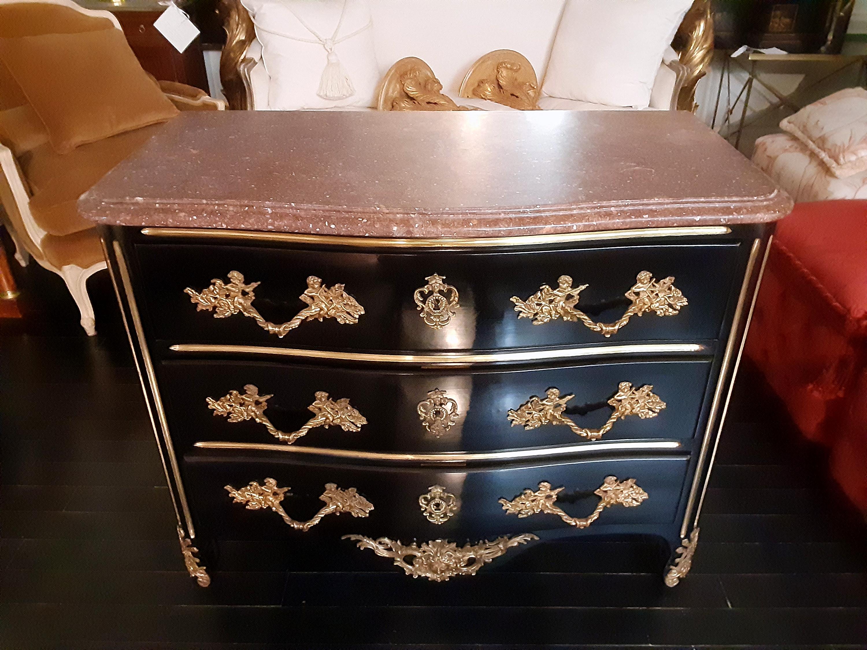 Ebonized French Louis XVI Style Commode Dresser with Marble Top and Gilt Bronze Accents For Sale