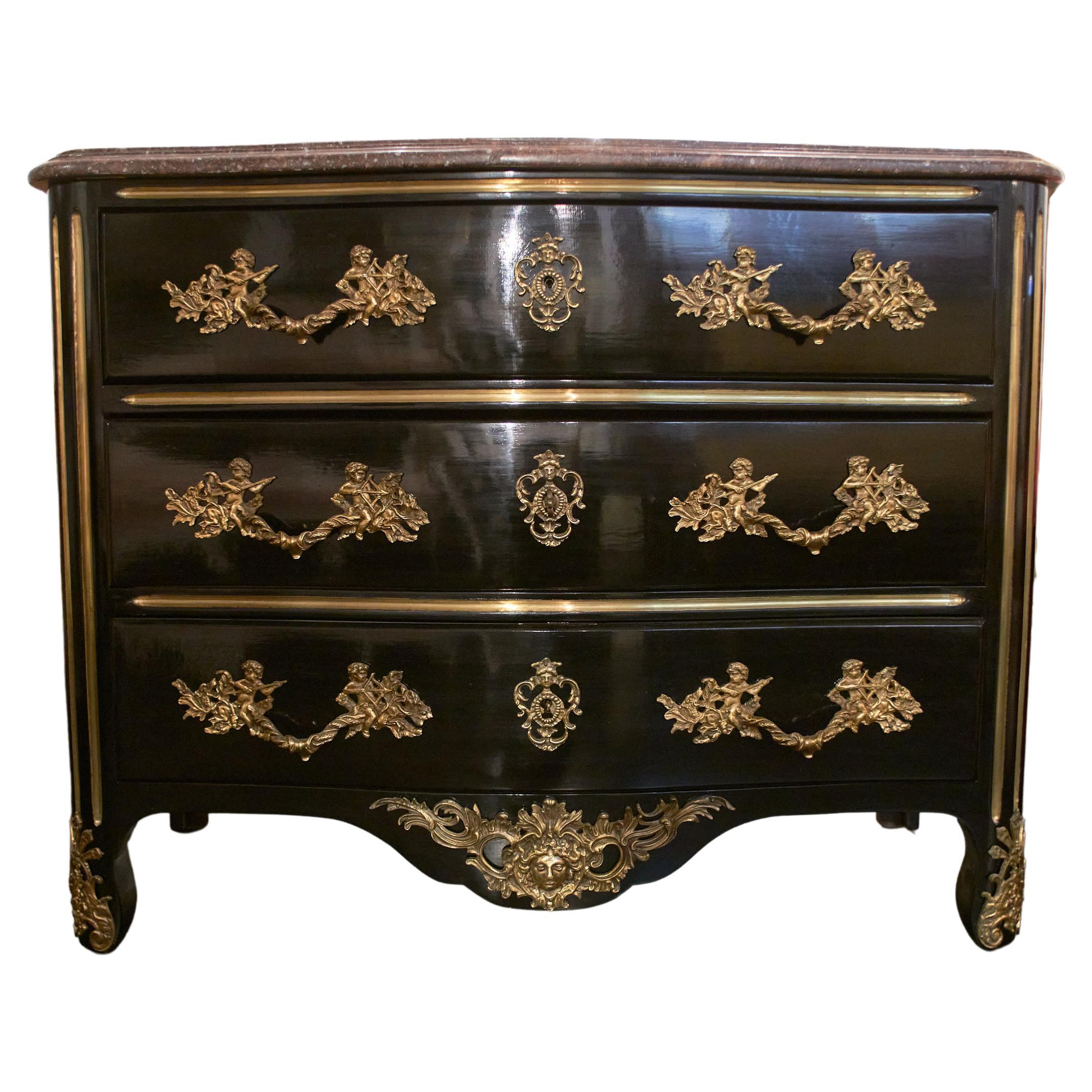 French Louis XVI Style Commode Dresser with Marble Top and Gilt Bronze Accents For Sale