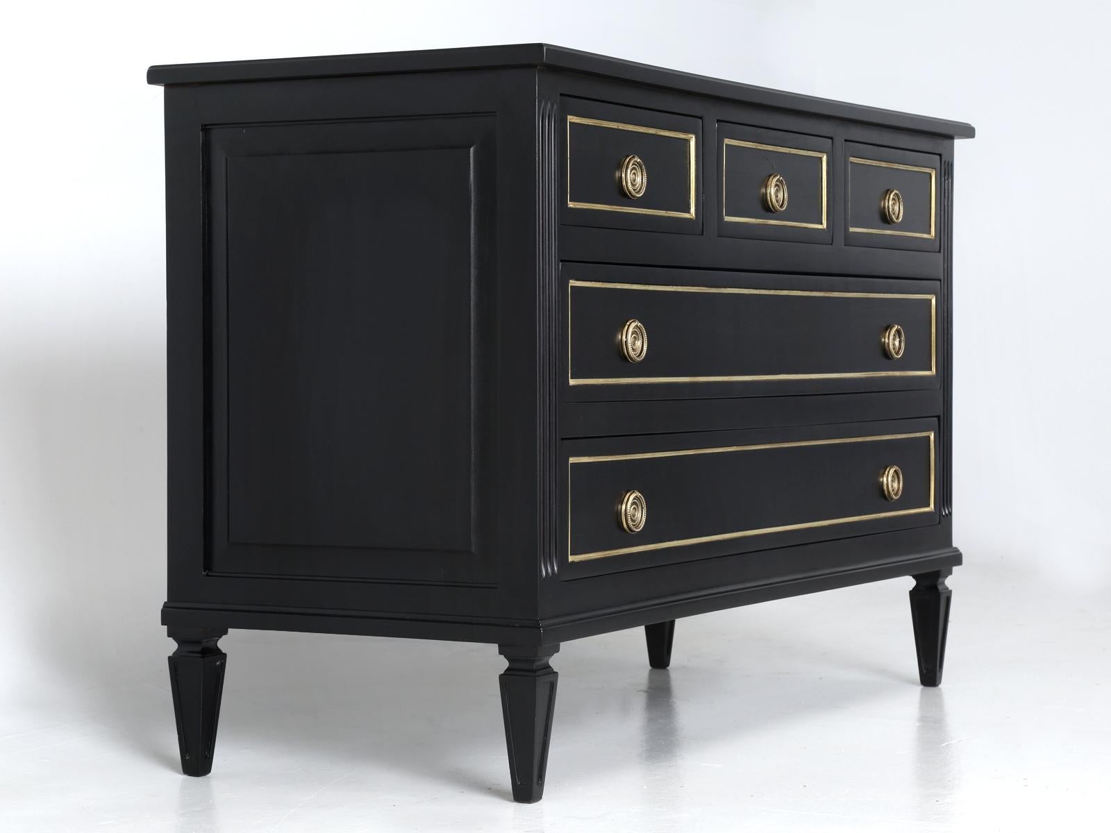 French Louis XVI style commode or dresser, that our Ola Plank restoration department hand-sanded to the bare wood and applied an old school ebonized finish. Although not a true antique, this was a very well-constructed, Louis XVI style commode,
