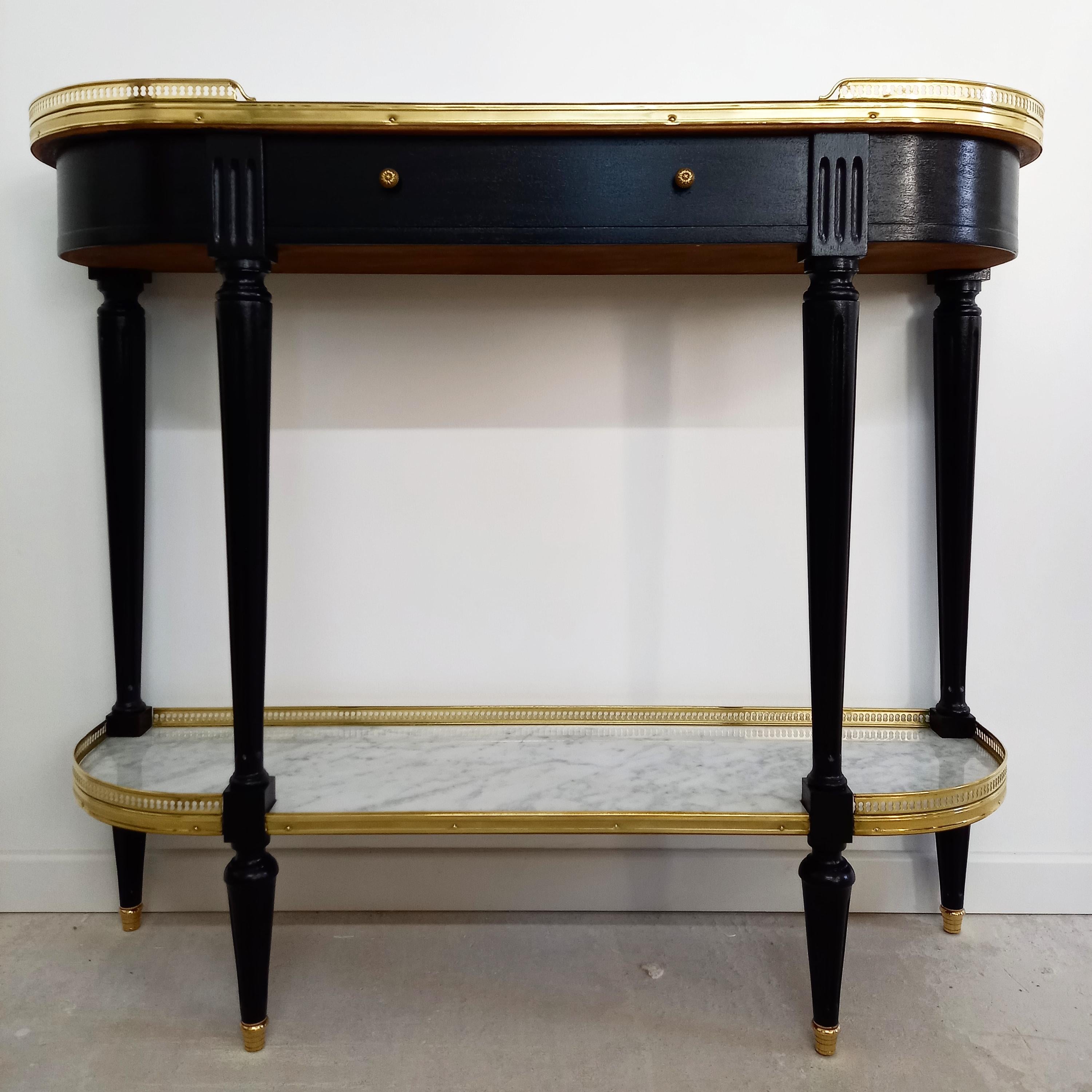 French Louis XVI Style Mahogany Console Marble top, Brass & Bronze 2