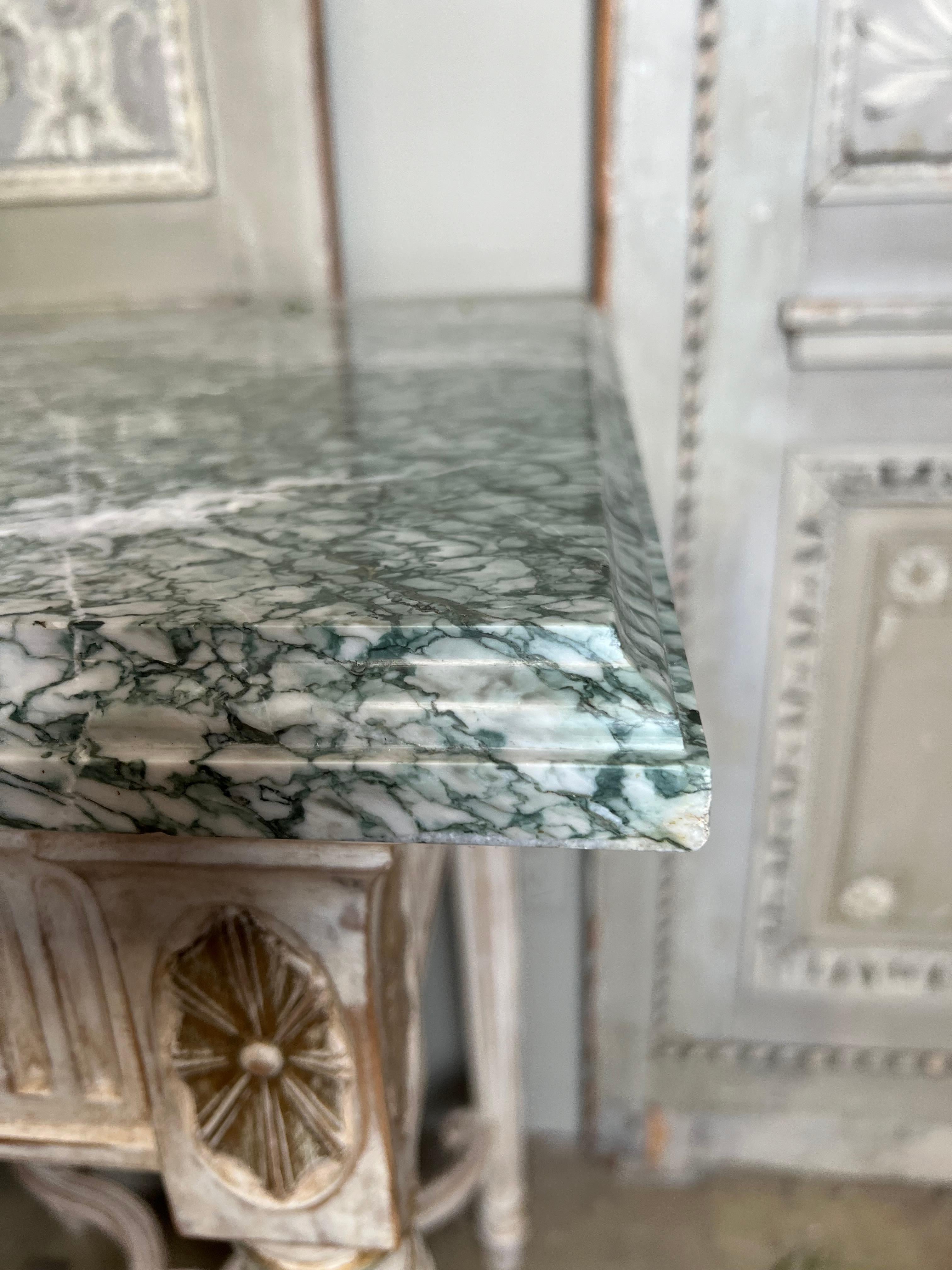 French Louis XVI Style Console Table with a White Finish And Green Marble Top 5