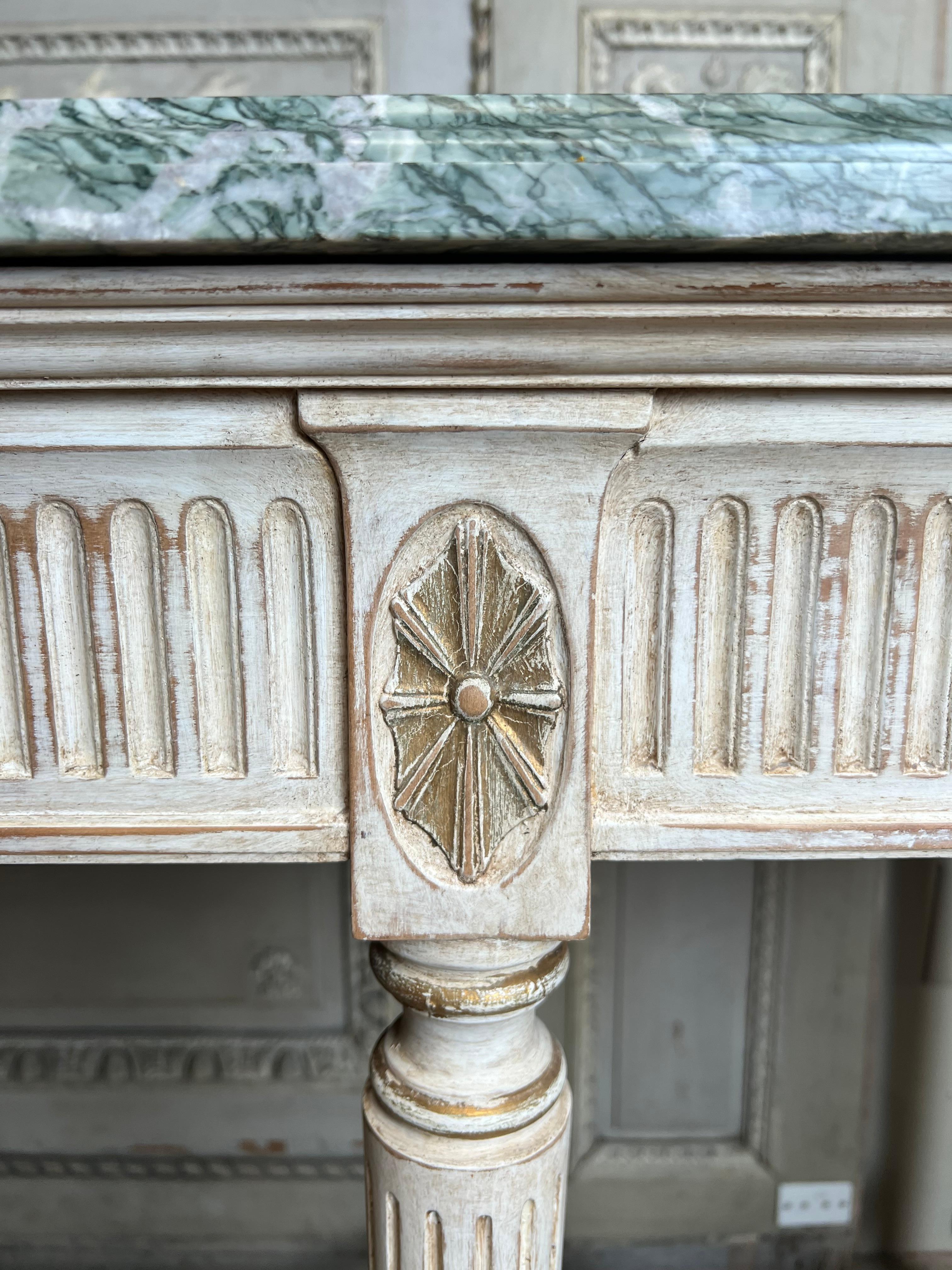 French Louis XVI Style Console Table with a White Finish And Green Marble Top 6