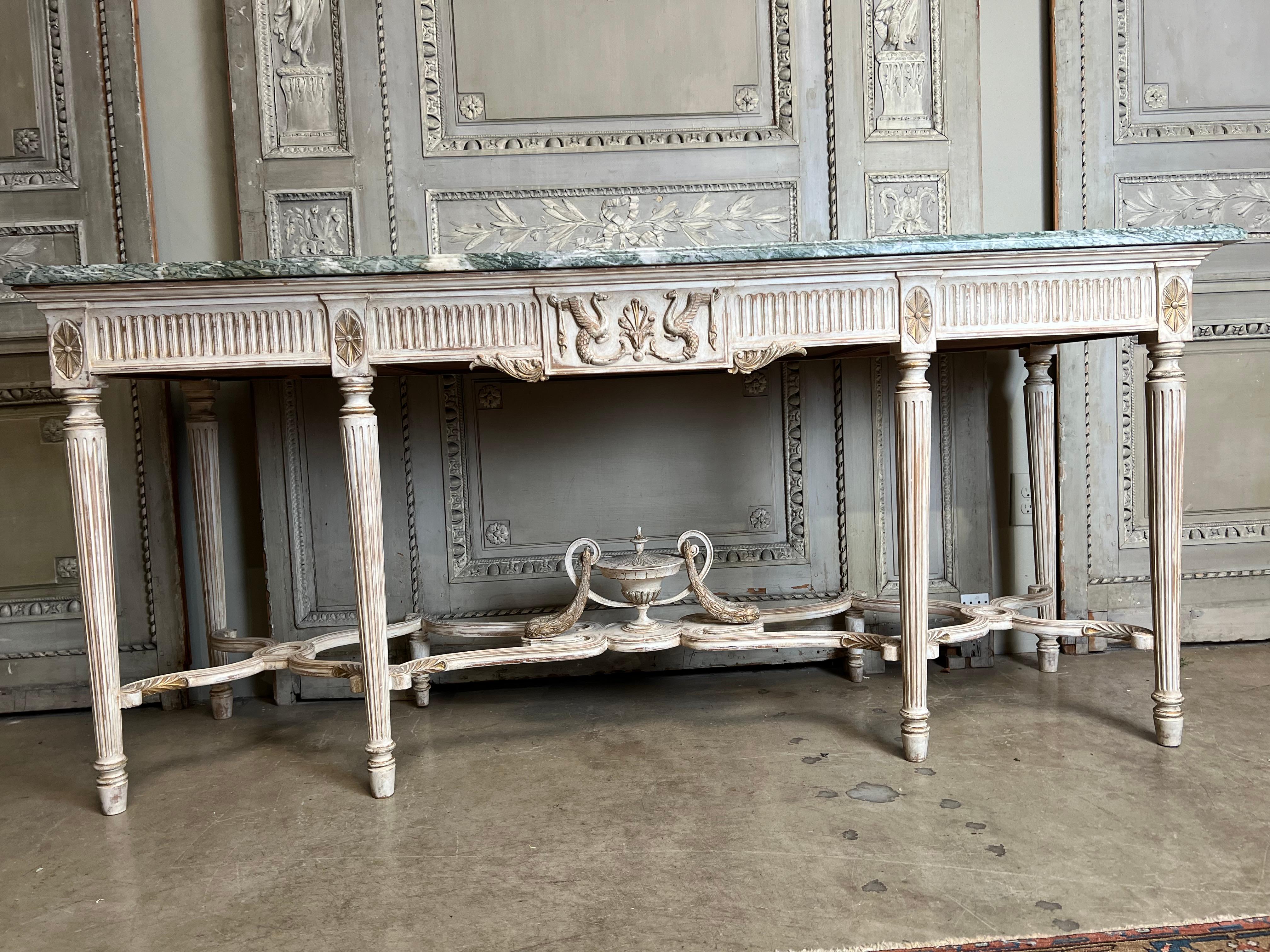 Beveled French Louis XVI Style Console Table with a White Finish And Green Marble Top