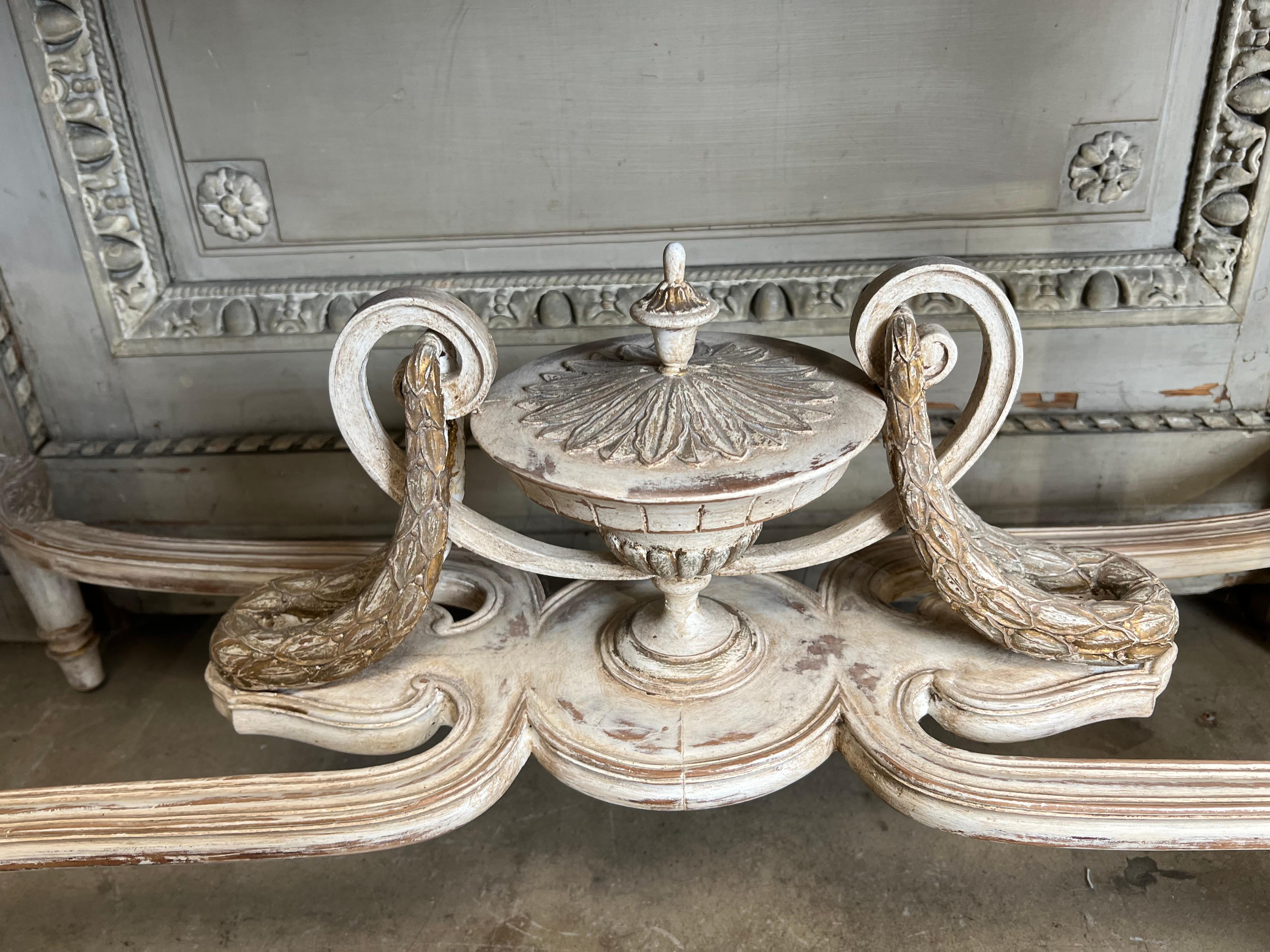 French Louis XVI Style Console Table with a White Finish And Green Marble Top In Good Condition In Dallas, TX